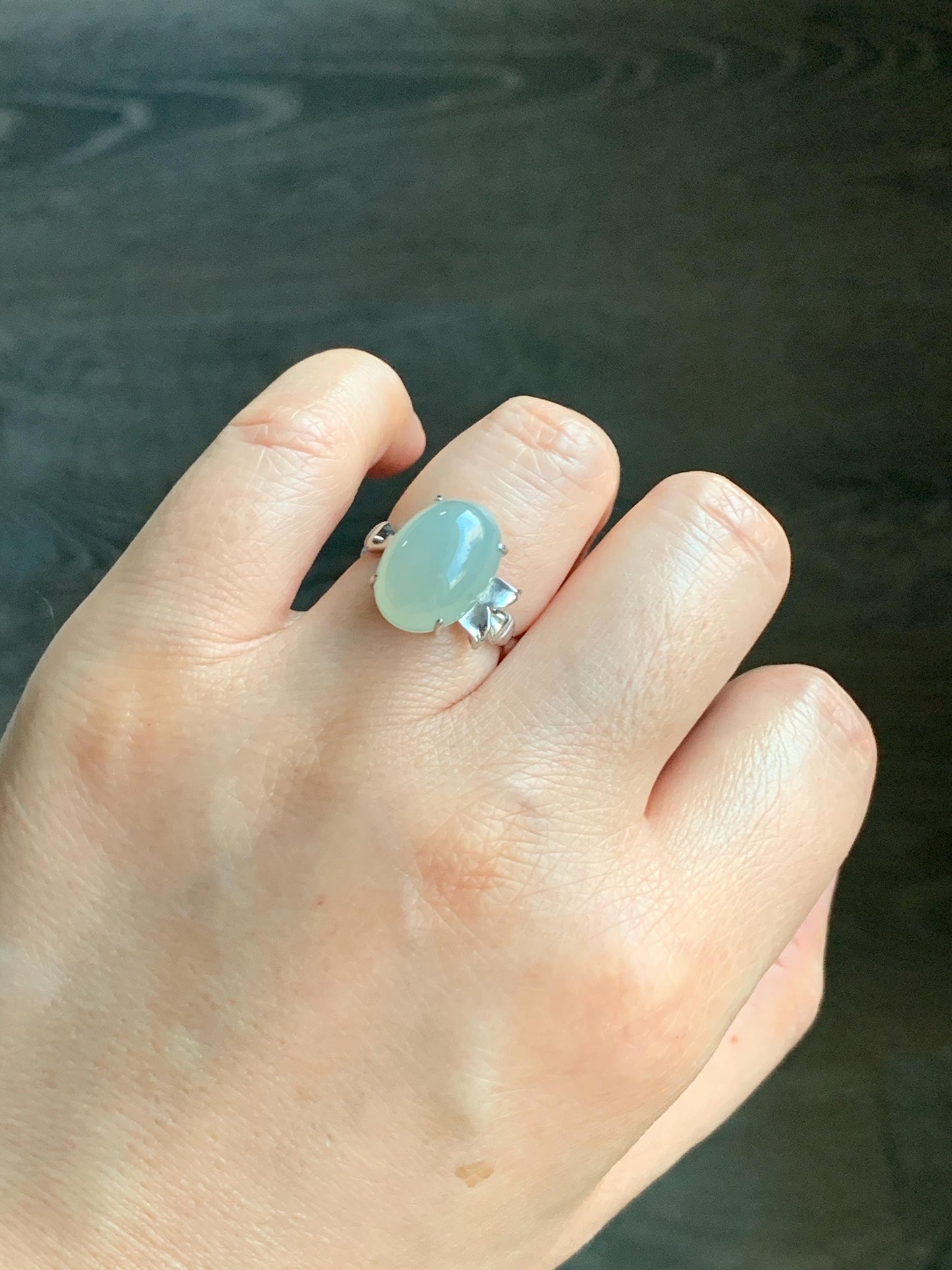 Certified Natural Burmese Icy Translucent Gelatinous Light Green Oval Jadeite Bamboo Ring Sterling Silver size 7 天然缅甸冰胶起光晴底翡翠镶嵌竹节款戒指 7393