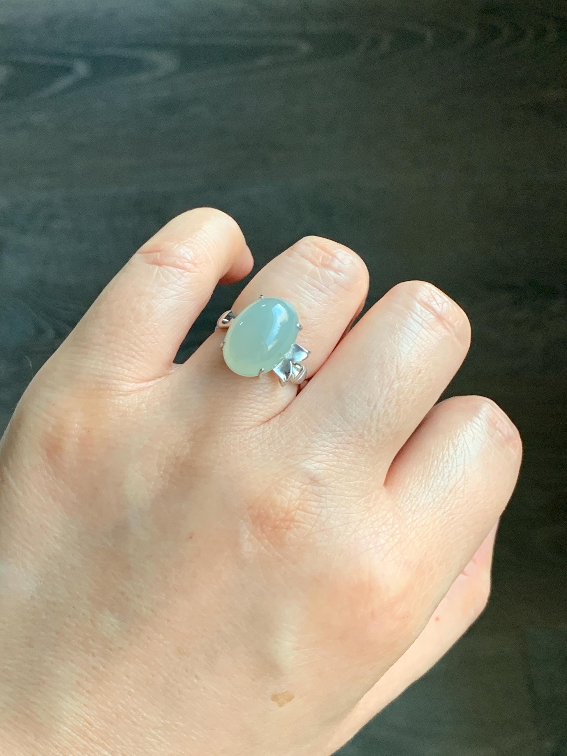 Certified Natural Burmese Icy Translucent Gelatinous Light Green Oval Jadeite Bamboo Ring Sterling Silver size 7 天然缅甸冰胶起光晴底翡翠镶嵌竹节款戒指 7393