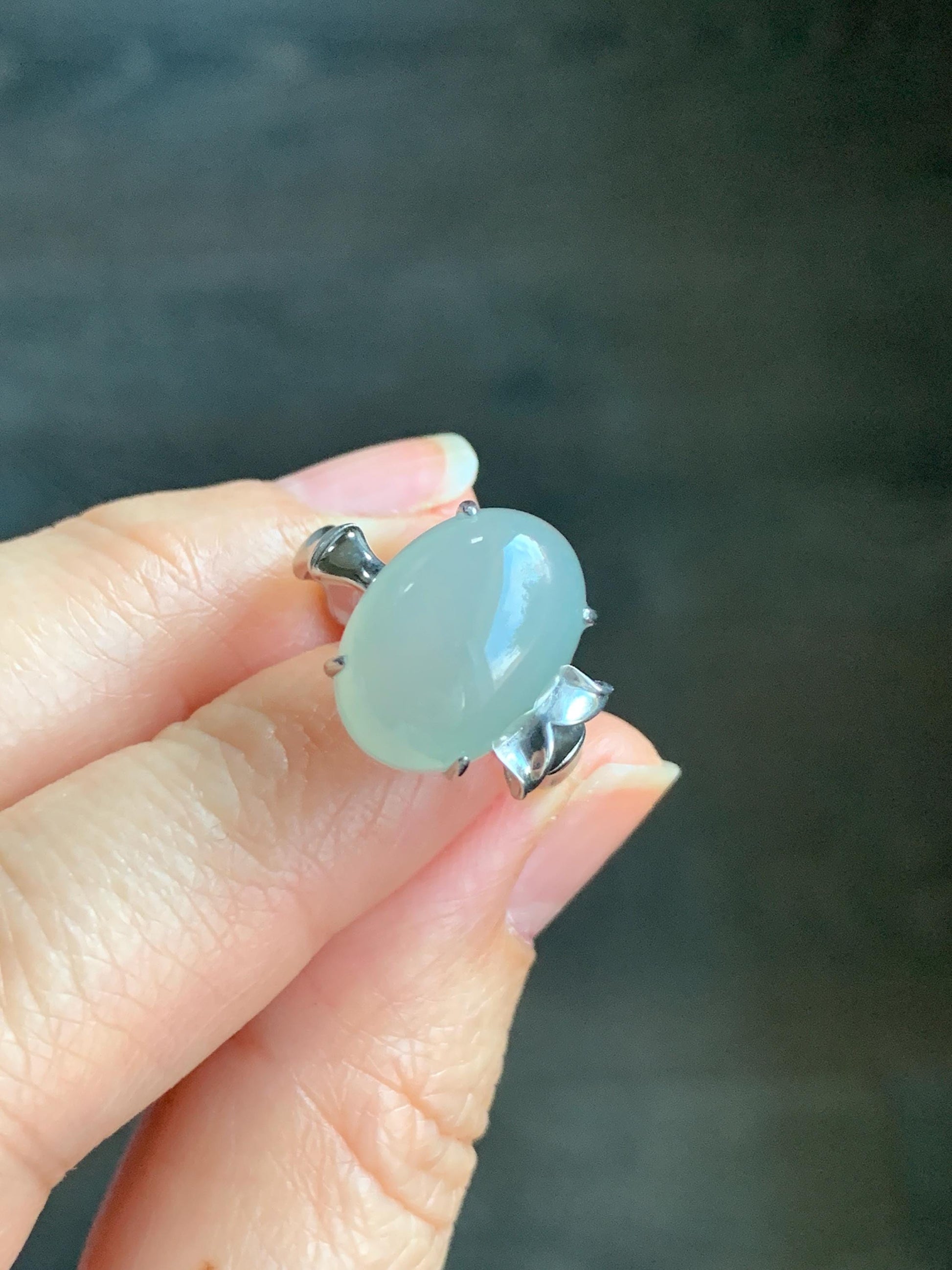 Certified Natural Burmese Icy Translucent Gelatinous Light Green Oval Jadeite Bamboo Ring Sterling Silver size 7 天然缅甸冰胶起光晴底翡翠镶嵌竹节款戒指 7393