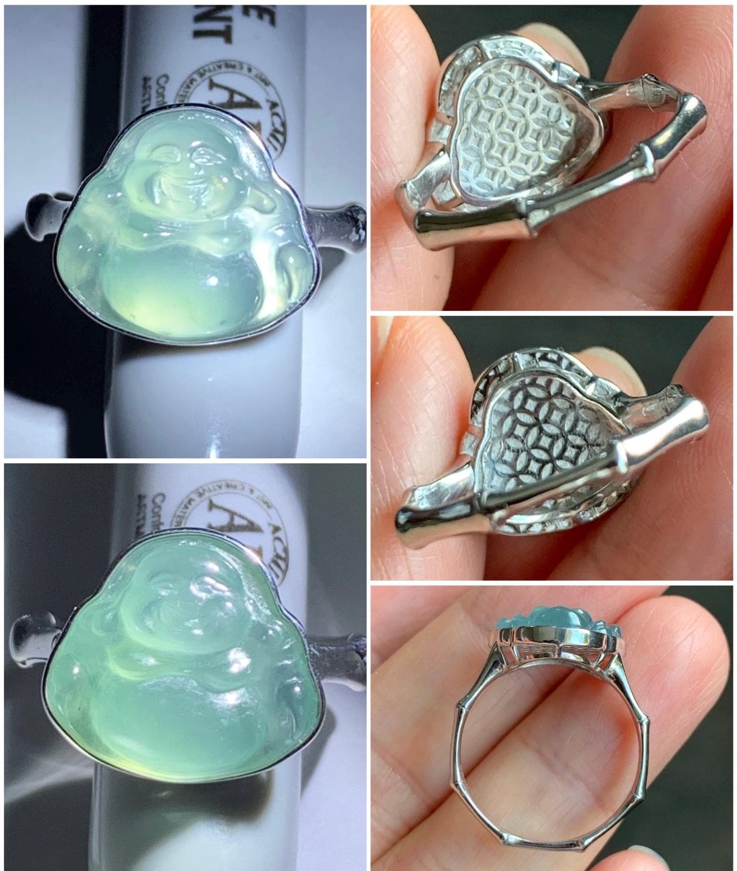 Certified Natural Guatemalan Icy Highly Translucent Light Teal Blue Jadeite Buddha Bamboo Ring Sterling Silver Sz 7.25 天然冰危蓝起光翡翠佛公竹节款戒指 7402