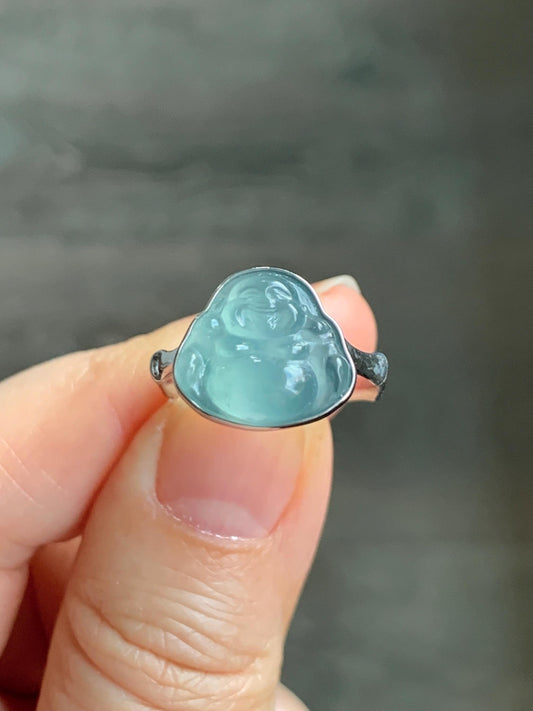 Certified Natural Guatemalan Icy Highly Translucent Light Teal Blue Jadeite Buddha Bamboo Ring Sterling Silver Sz 7.25 天然冰危蓝起光翡翠佛公竹节款戒指 7402