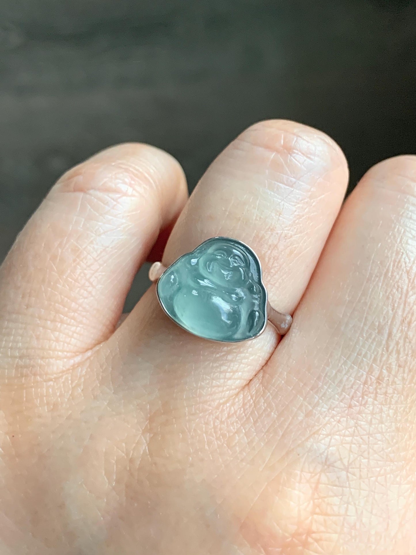 Certified Natural Guatemalan Icy Highly Translucent Light Teal Blue Jadeite Buddha Bamboo Ring Sterling Silver Sz 7.25 天然冰危蓝起光翡翠佛公竹节款戒指 7402