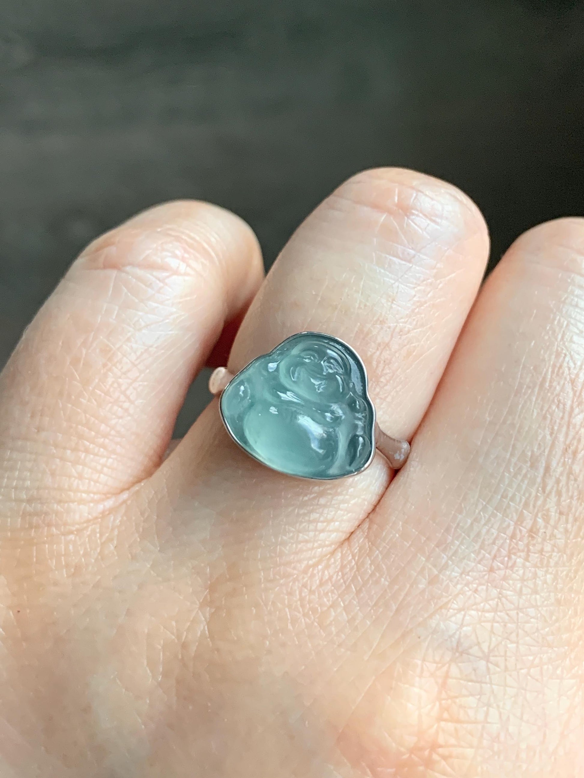 Certified Natural Guatemalan Icy Highly Translucent Light Teal Blue Jadeite Buddha Bamboo Ring Sterling Silver Sz 7.25 天然冰危蓝起光翡翠佛公竹节款戒指 7402