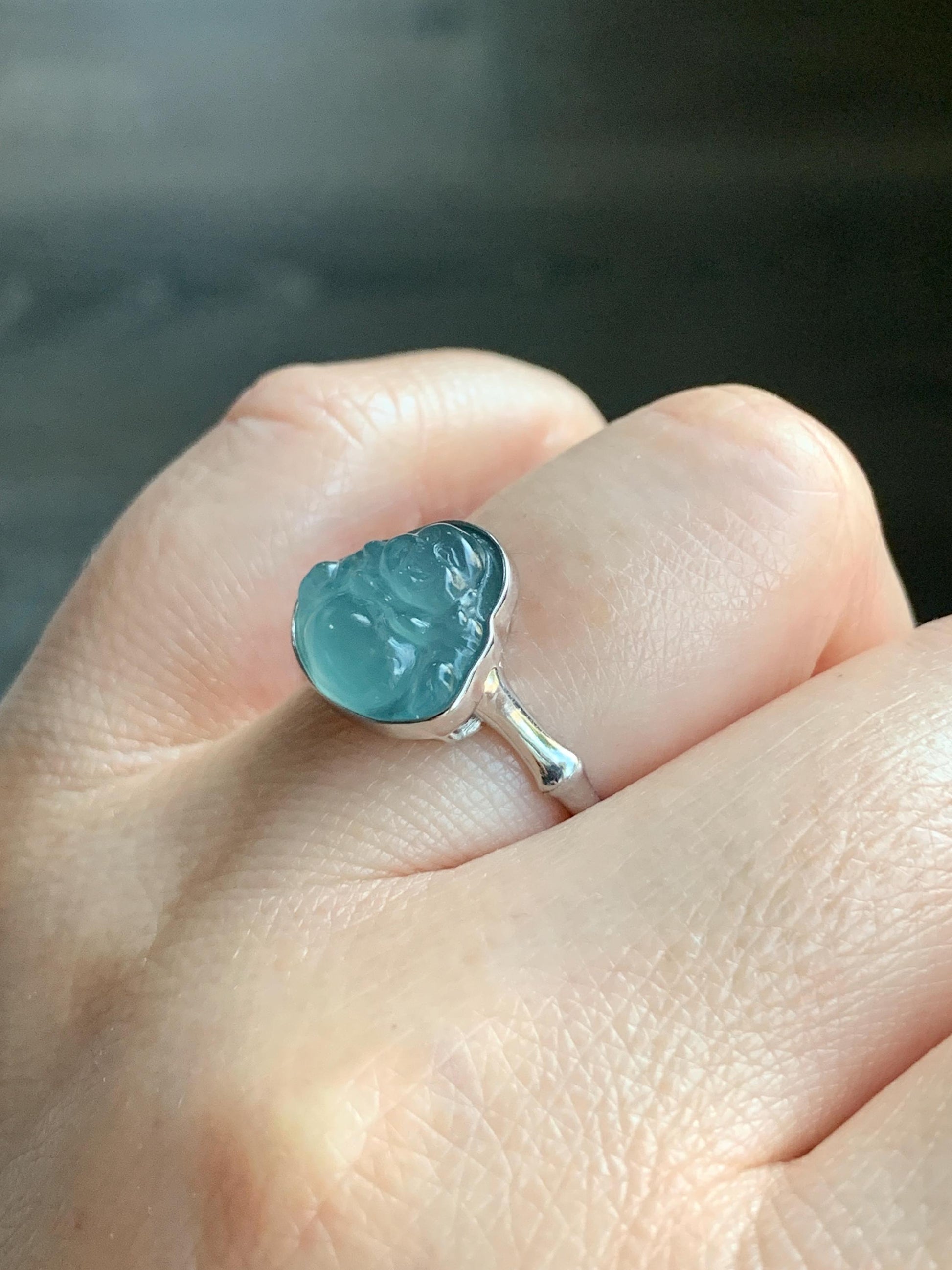 Certified Natural Guatemalan Icy Highly Translucent Light Teal Blue Jadeite Buddha Bamboo Ring Sterling Silver Sz 7.25 天然冰危蓝起光翡翠佛公竹节款戒指 7402
