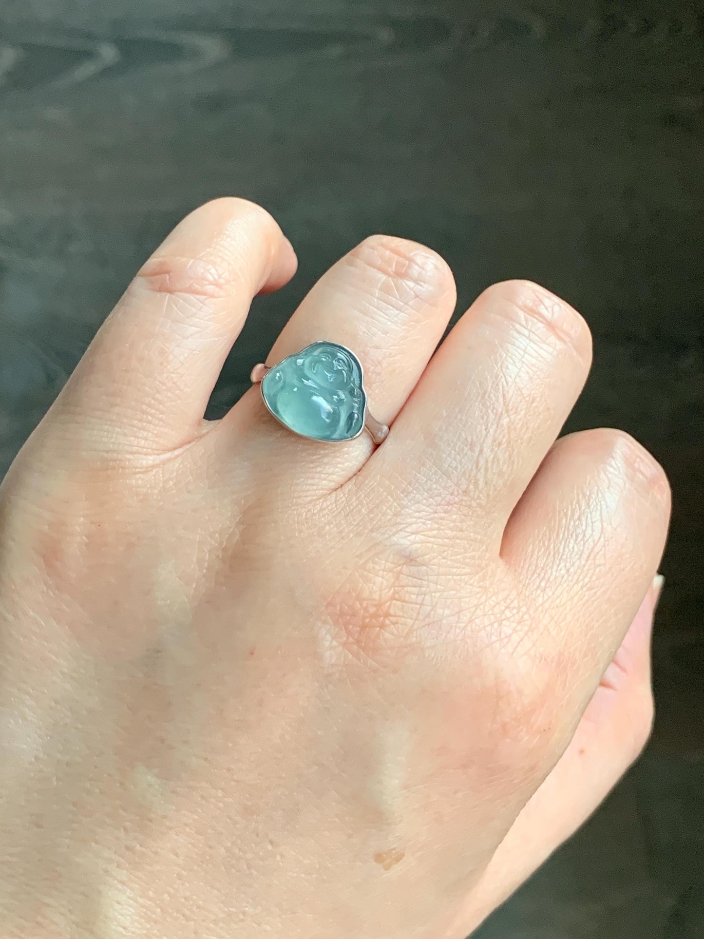 Certified Natural Guatemalan Icy Highly Translucent Light Teal Blue Jadeite Buddha Bamboo Ring Sterling Silver Sz 7.25 天然冰危蓝起光翡翠佛公竹节款戒指 7402