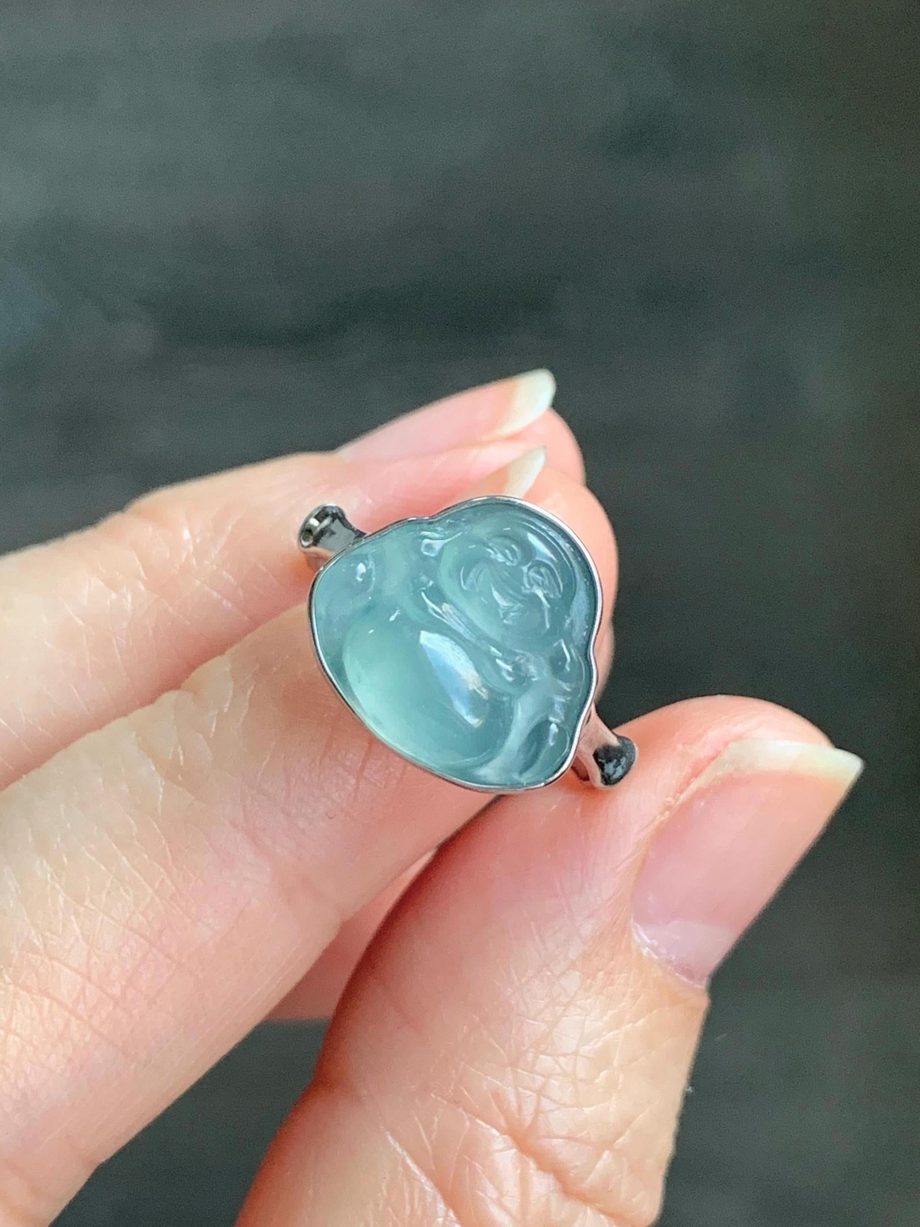Certified Natural Guatemalan Icy Highly Translucent Light Teal Blue Jadeite Buddha Bamboo Ring Sterling Silver Sz 7.25 天然冰危蓝起光翡翠佛公竹节款戒指 7402