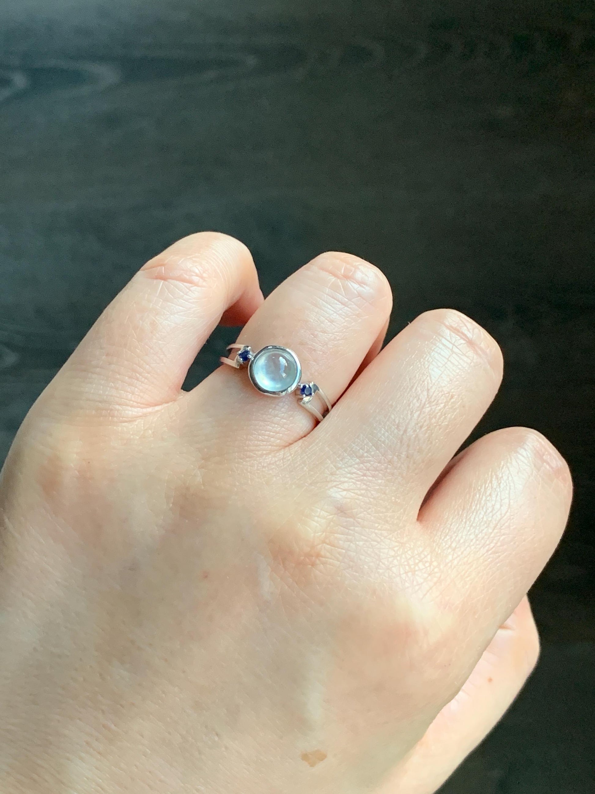 Certified Natural Burmese Premium Icy Highly Translucent White Jadeite Blue Sapphire Ring Sterling Silver size 7 2g 天然缅甸白冰胶起光翡翠蓝宝石镶嵌戒指 7406