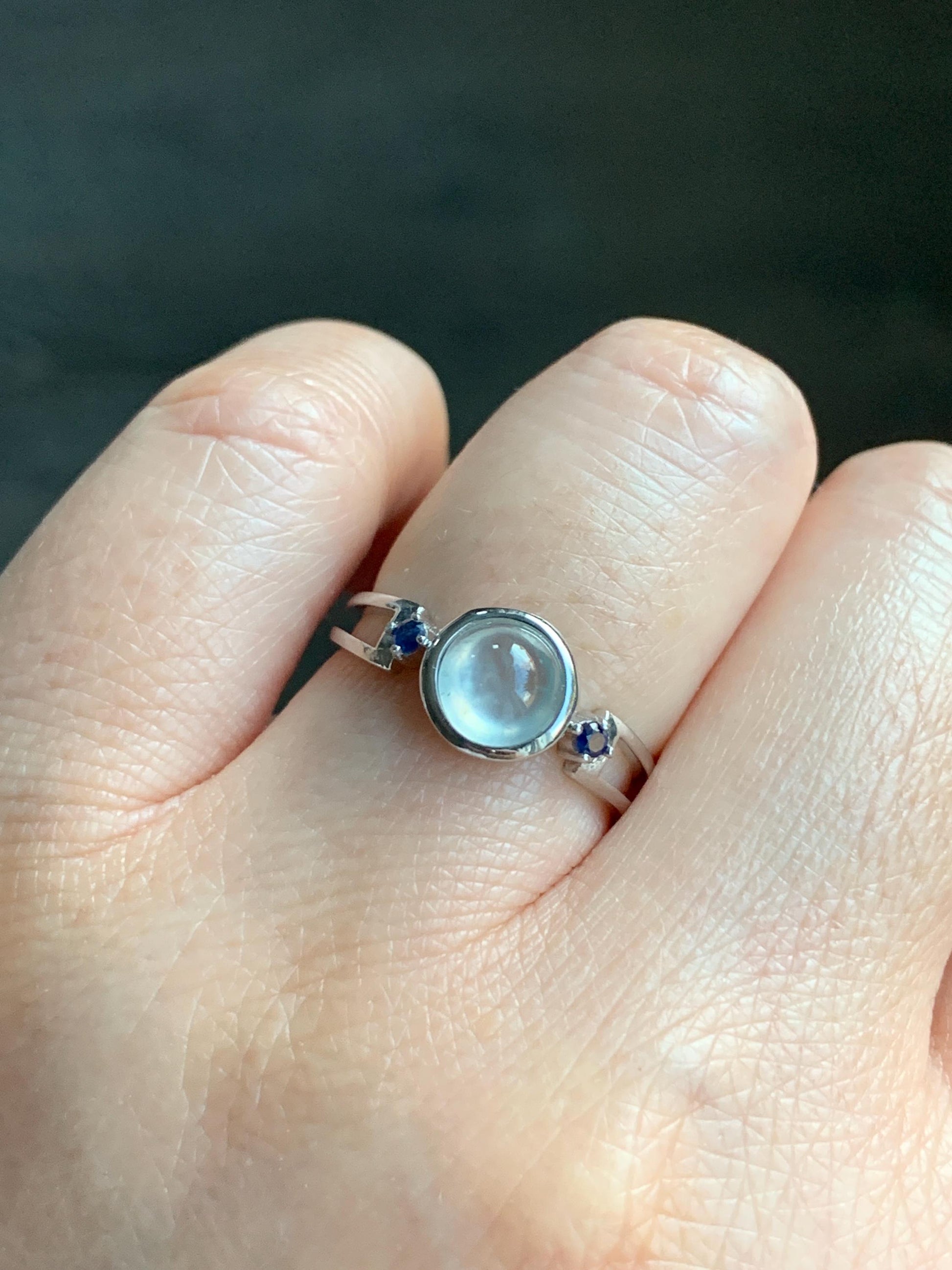 Certified Natural Burmese Premium Icy Highly Translucent White Jadeite Blue Sapphire Ring Sterling Silver size 7 2g 天然缅甸白冰胶起光翡翠蓝宝石镶嵌戒指 7406