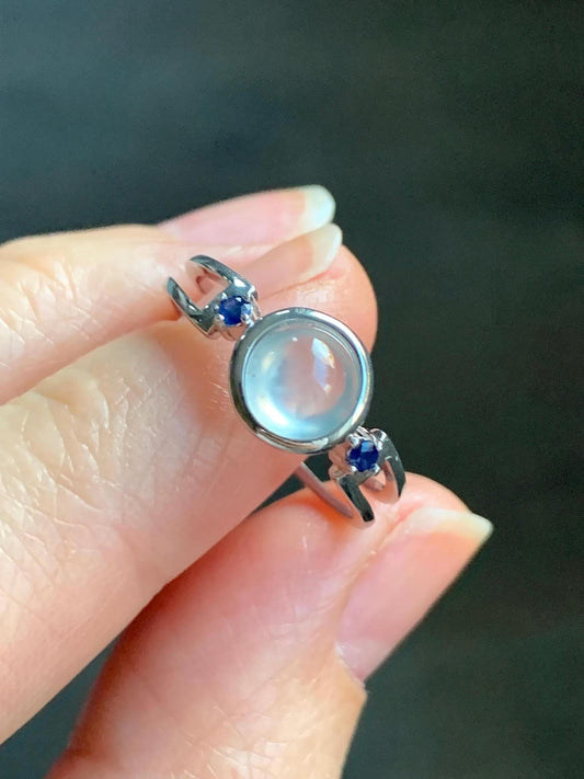 Certified Natural Burmese Premium Icy Highly Translucent White Jadeite Blue Sapphire Ring Sterling Silver size 7 2g 天然缅甸白冰胶起光翡翠蓝宝石镶嵌戒指 7406