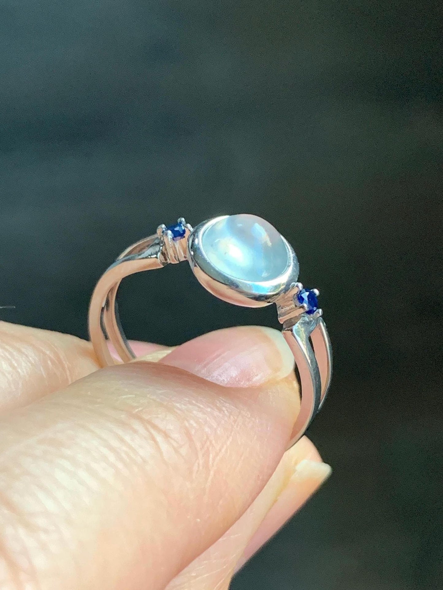 Certified Natural Burmese Premium Icy Highly Translucent White Jadeite Blue Sapphire Ring Sterling Silver size 7 2g 天然缅甸白冰胶起光翡翠蓝宝石镶嵌戒指 7406