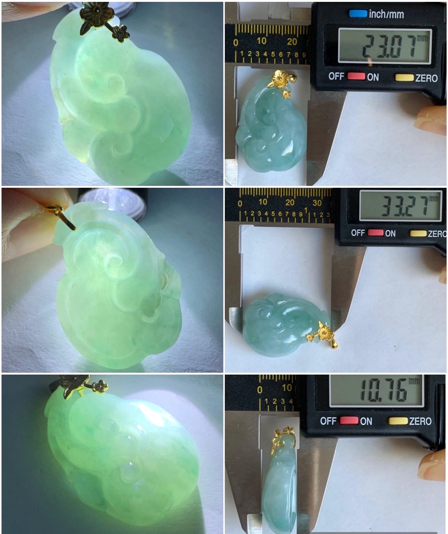 Natural Grade A Icy Translucent Gelatinous Light Greenish Blue Jadeite Pudgy Ruyi Pendant Sterling Silver Yellow Gold Finish 天然冰胶老种晴蓝底翡翠如意吊坠