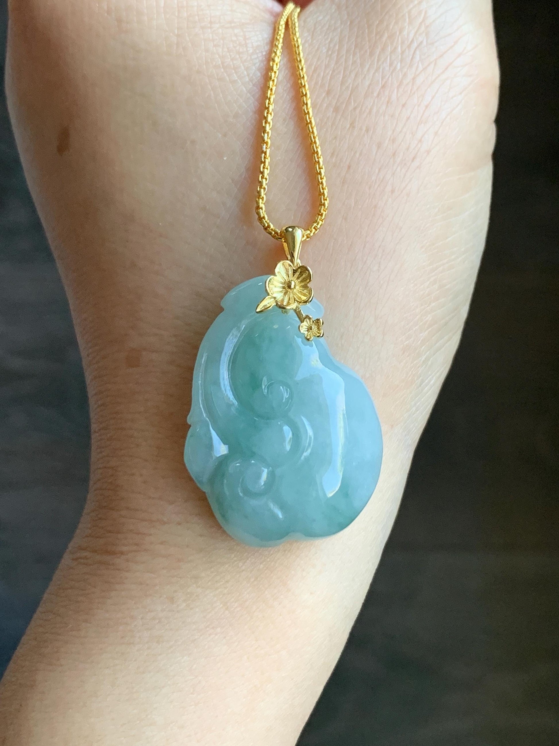 Natural Grade A Icy Translucent Gelatinous Light Greenish Blue Jadeite Pudgy Ruyi Pendant Sterling Silver Yellow Gold Finish 天然冰胶老种晴蓝底翡翠如意吊坠