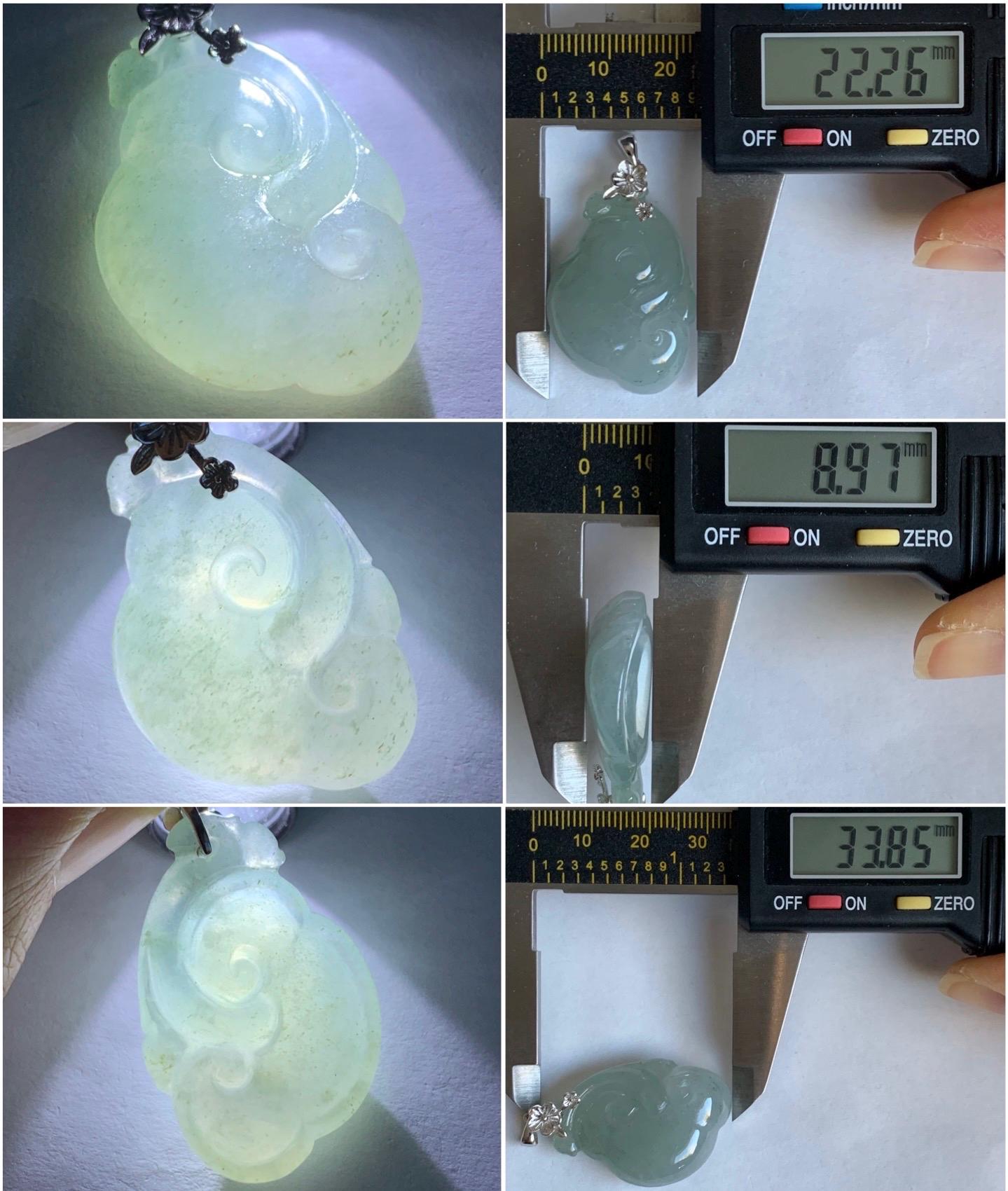 Natural Grade A Icy Highly Translucent Gelatinous Light Dusty Blue Jadeite Pudgy Ruyi Pendant Sterling Silver 9g 天然冰胶老种淡蓝底飘乌鸡翡翠如意吊坠