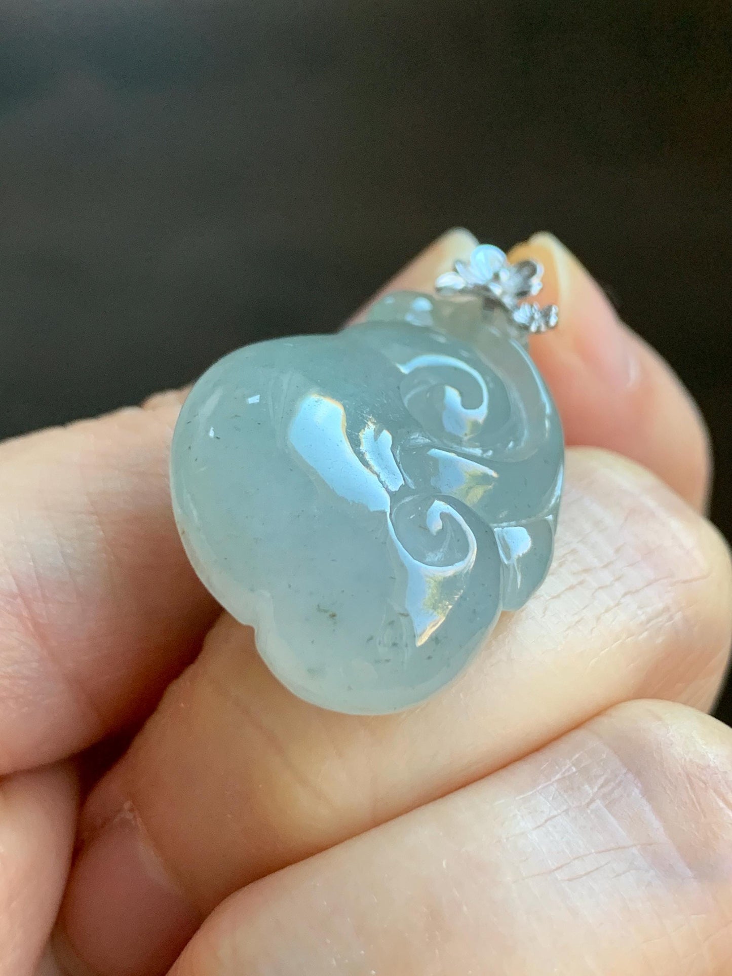 Natural Grade A Icy Highly Translucent Gelatinous Light Dusty Blue Jadeite Pudgy Ruyi Pendant Sterling Silver 9g 天然冰胶老种淡蓝底飘乌鸡翡翠如意吊坠