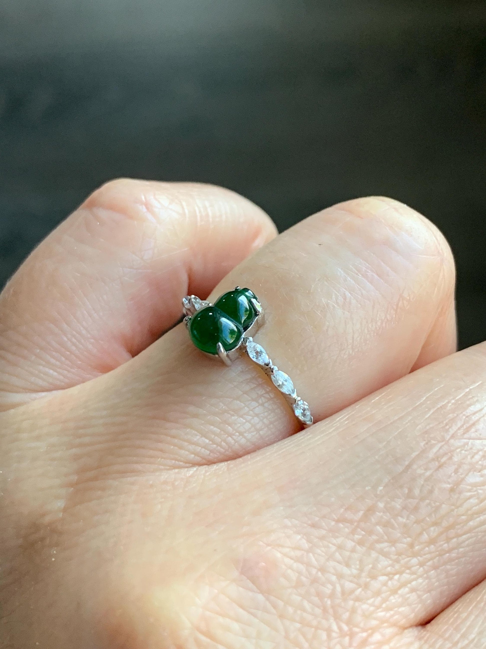 Natural Grade A Icy Translucent Green Jadeite Gourd Hulu Solitaire Ring Sterling Silver Size Adjustable 天然冰危绿翡翠葫芦蛋面银镶戒指 HL50