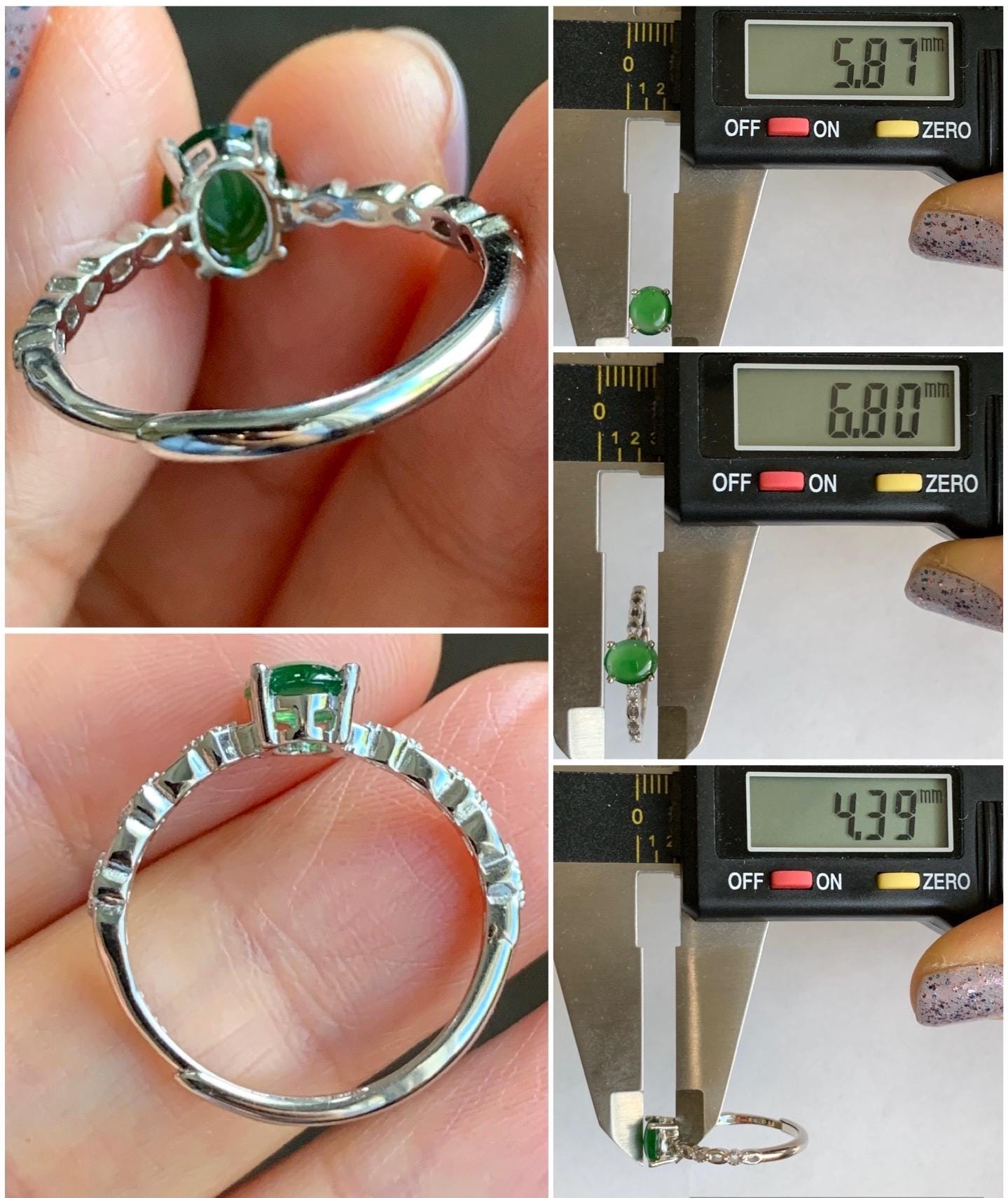 Natural Grade A Icy Highly Translucent Green Jadeite Oval Cabochon Solitaire Ring Sterling Silver Size Adjustable 天然冰危绿翡翠蛋面银镶戒指 YDQ98