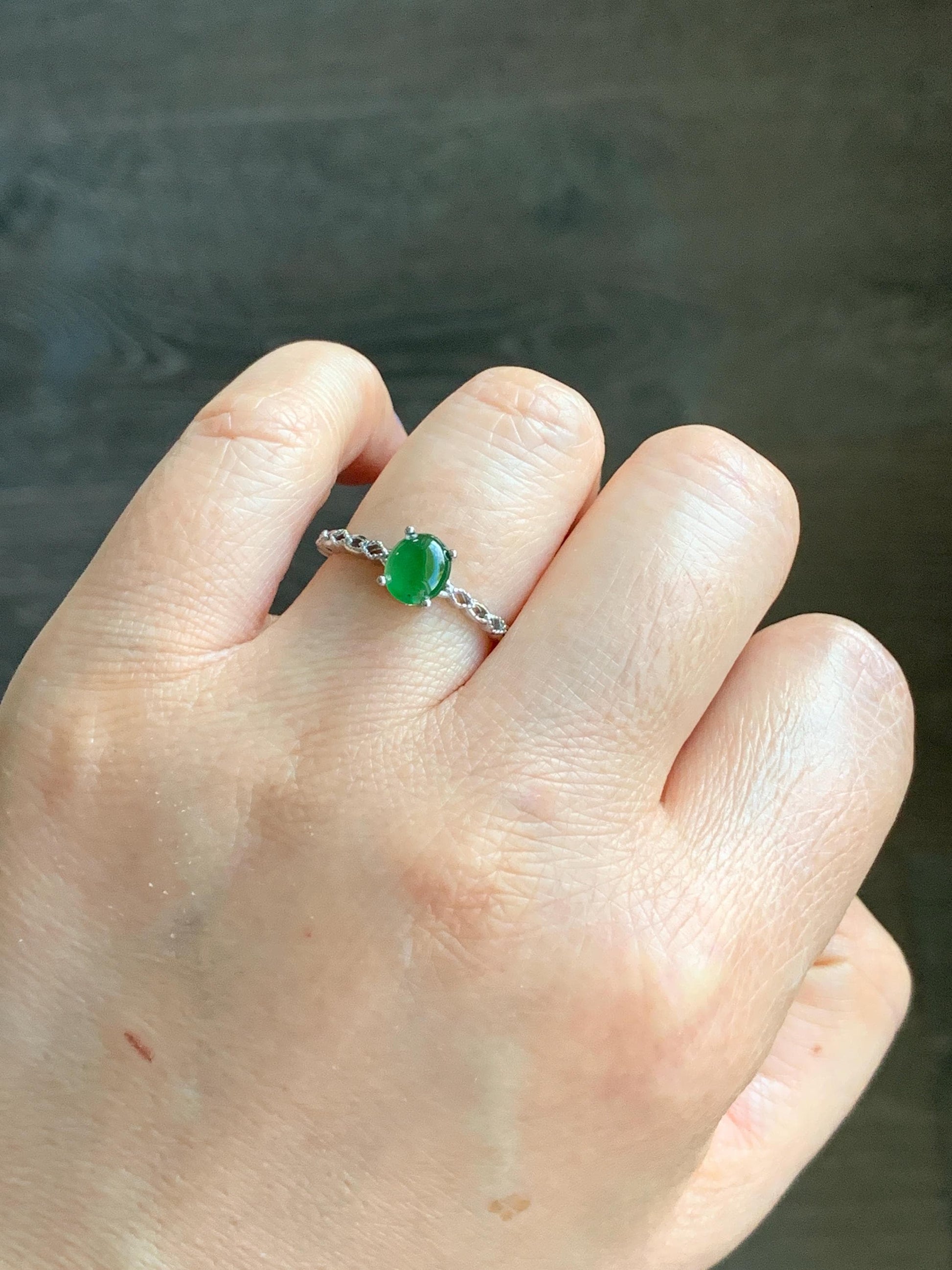 Natural Grade A Icy Highly Translucent Green Jadeite Oval Cabochon Solitaire Ring Sterling Silver Size Adjustable 天然冰危绿翡翠蛋面银镶戒指 YDQ98