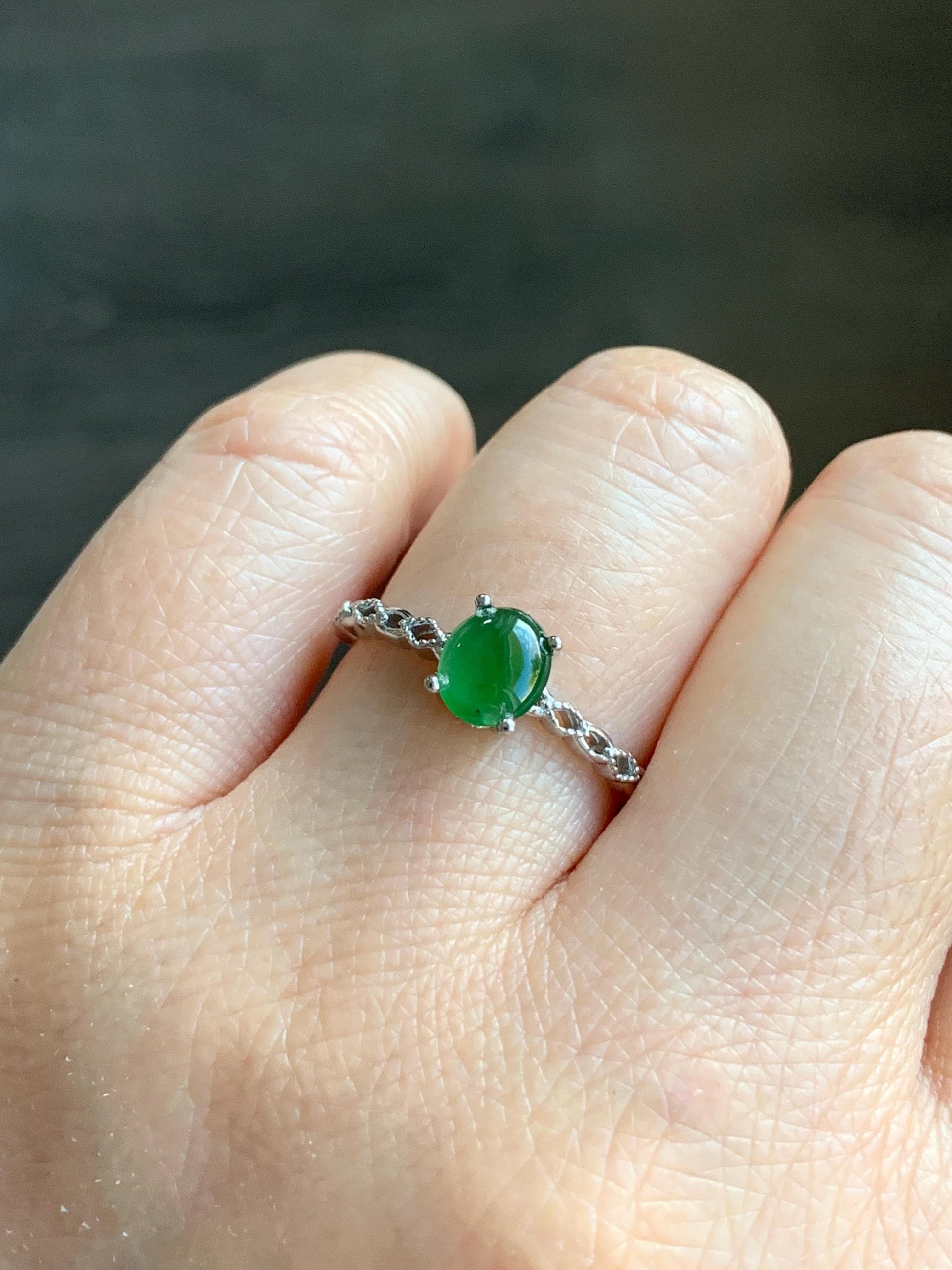 Natural Grade A Icy Highly Translucent Green Jadeite Oval Cabochon Solitaire Ring Sterling Silver Size Adjustable 天然冰危绿翡翠蛋面银镶戒指 YDQ98