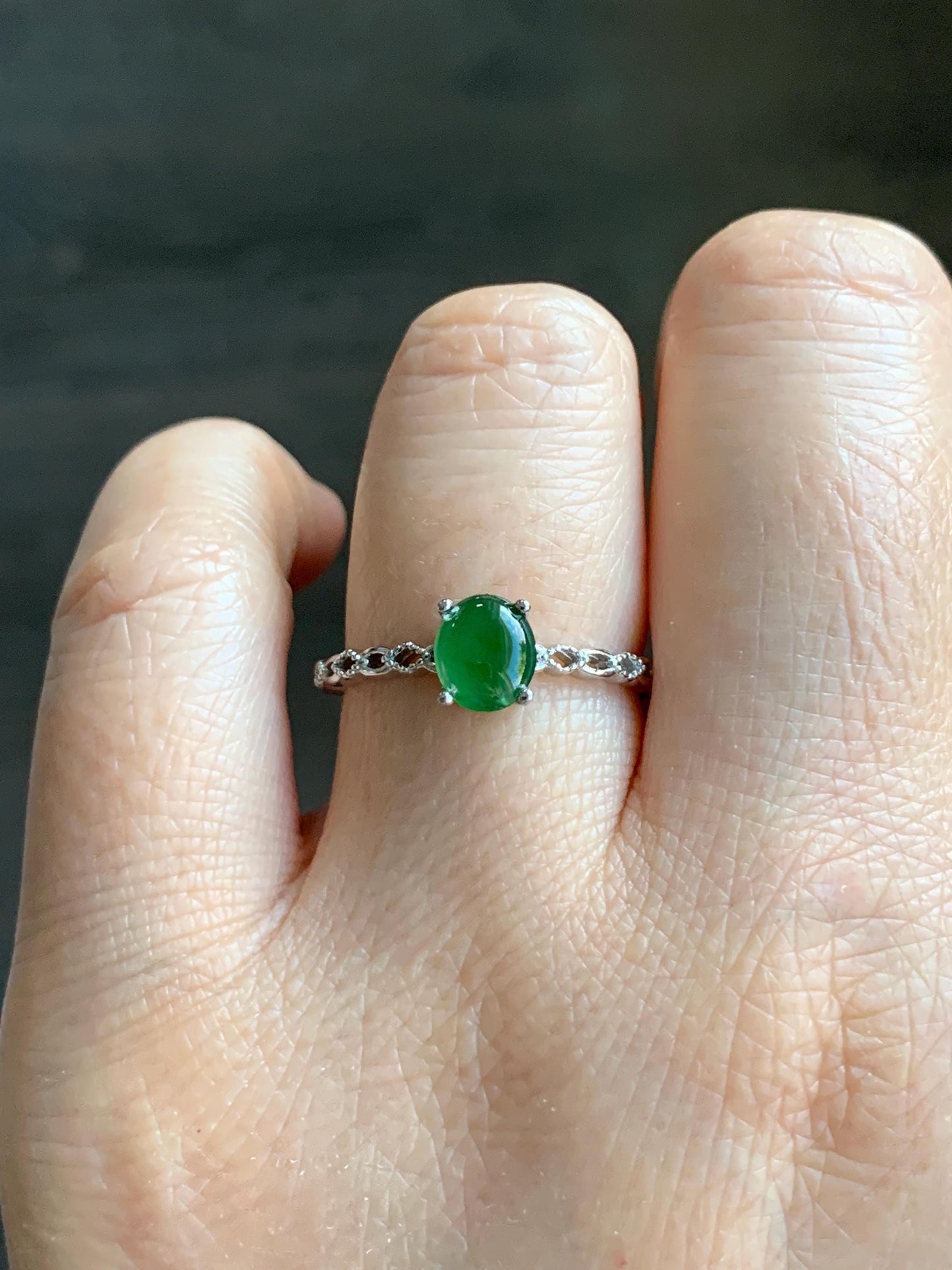 Natural Grade A Icy Highly Translucent Green Jadeite Oval Cabochon Solitaire Ring Sterling Silver Size Adjustable 天然冰危绿翡翠蛋面银镶戒指 YDQ98