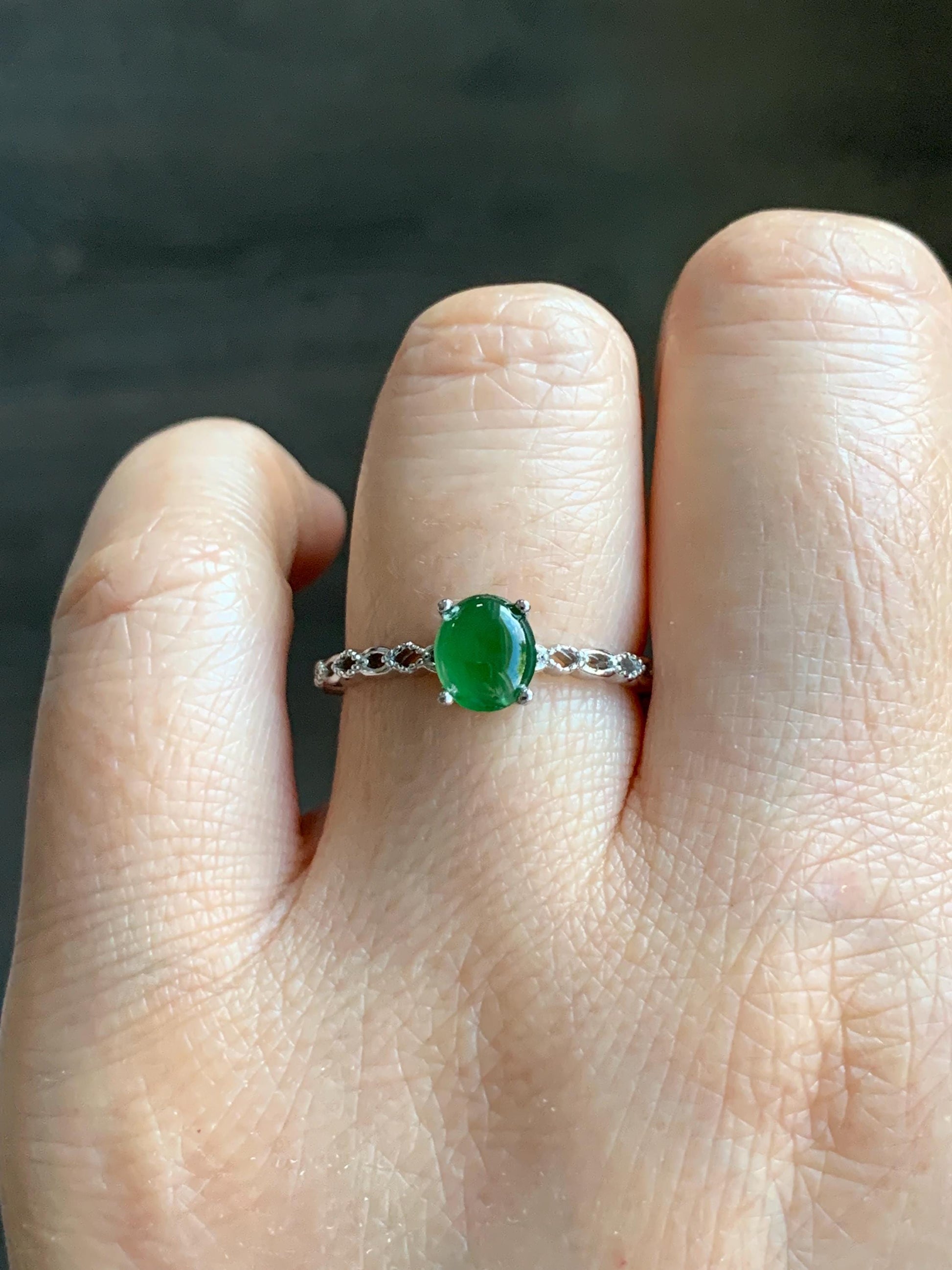 Natural Grade A Icy Highly Translucent Green Jadeite Oval Cabochon Solitaire Ring Sterling Silver Size Adjustable 天然冰危绿翡翠蛋面银镶戒指 YDQ98
