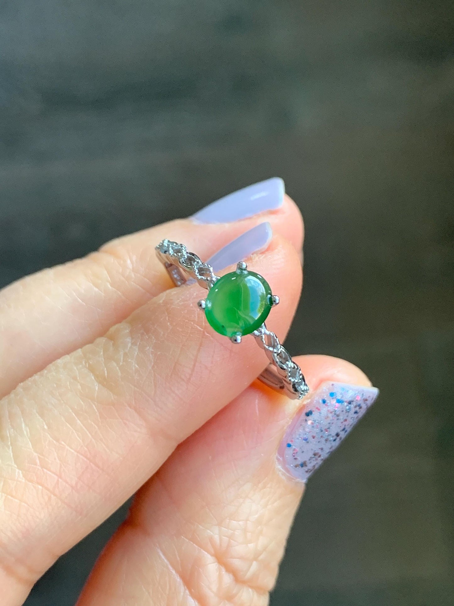 Natural Grade A Icy Highly Translucent Green Jadeite Oval Cabochon Solitaire Ring Sterling Silver Size Adjustable 天然冰危绿翡翠蛋面银镶戒指 YDQ98