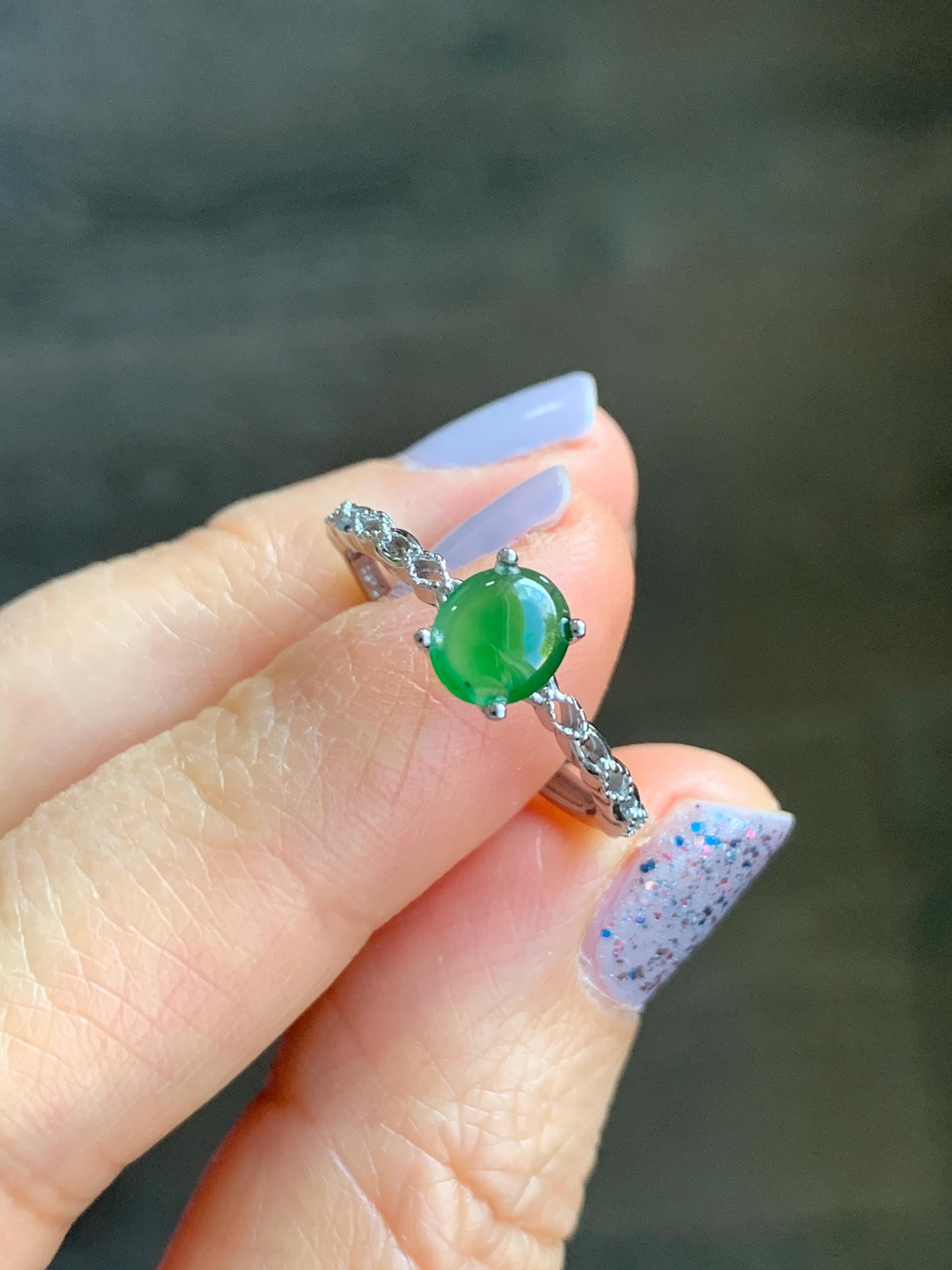 Natural Grade A Icy Highly Translucent Green Jadeite Oval Cabochon Solitaire Ring Sterling Silver Size Adjustable 天然冰危绿翡翠蛋面银镶戒指 YDQ98