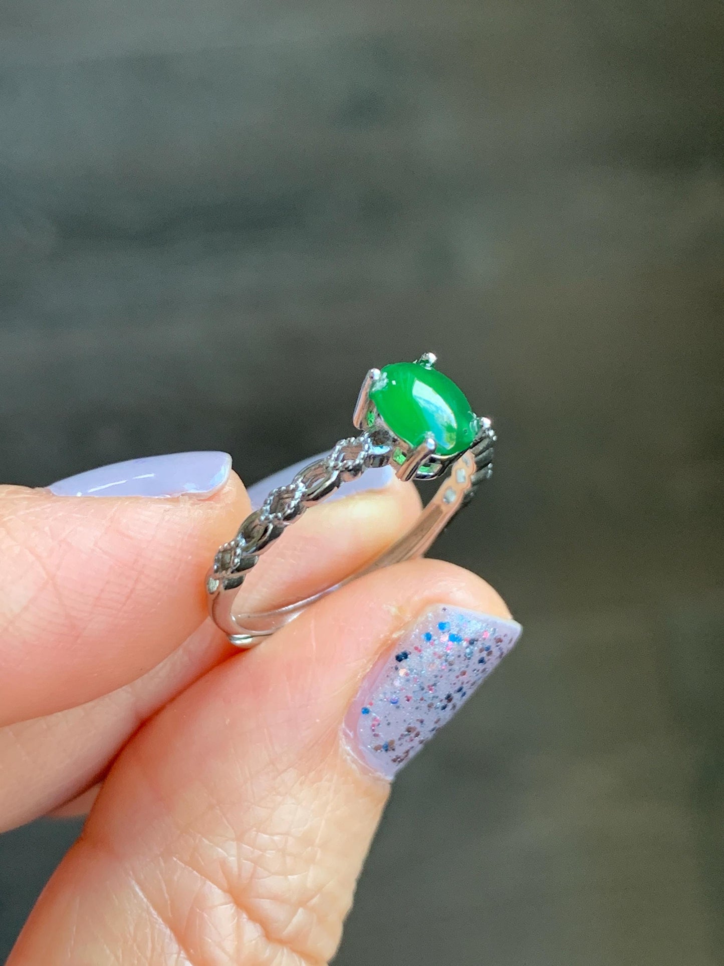Natural Grade A Icy Highly Translucent Green Jadeite Oval Cabochon Solitaire Ring Sterling Silver Size Adjustable 天然冰危绿翡翠蛋面银镶戒指 YDQ98