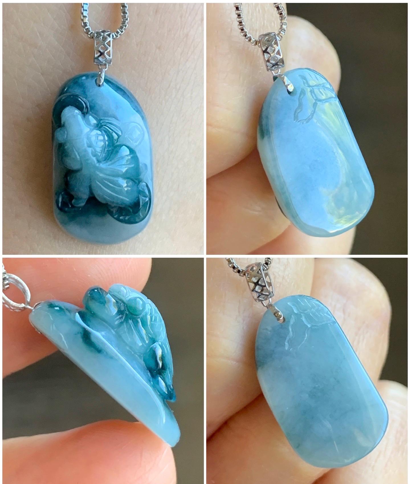 Natural Grade A Icy Translucent Dark Teal Green Marbled Jadeite Carved Goldfish Pendant Solid 18K White Gold 4g 天然冰飘蓝花翡翠金鱼满堂镶嵌吊坠