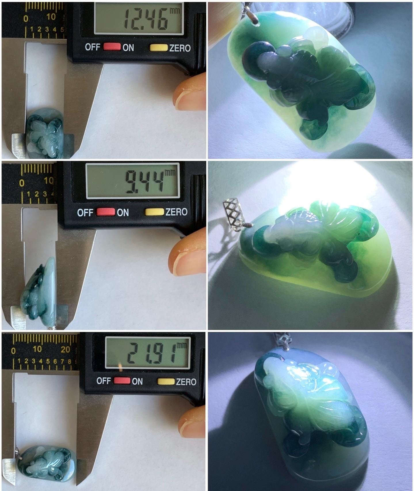Natural Grade A Icy Translucent Dark Teal Green Marbled Jadeite Carved Goldfish Pendant Solid 18K White Gold 4g 天然冰飘蓝花翡翠金鱼满堂镶嵌吊坠
