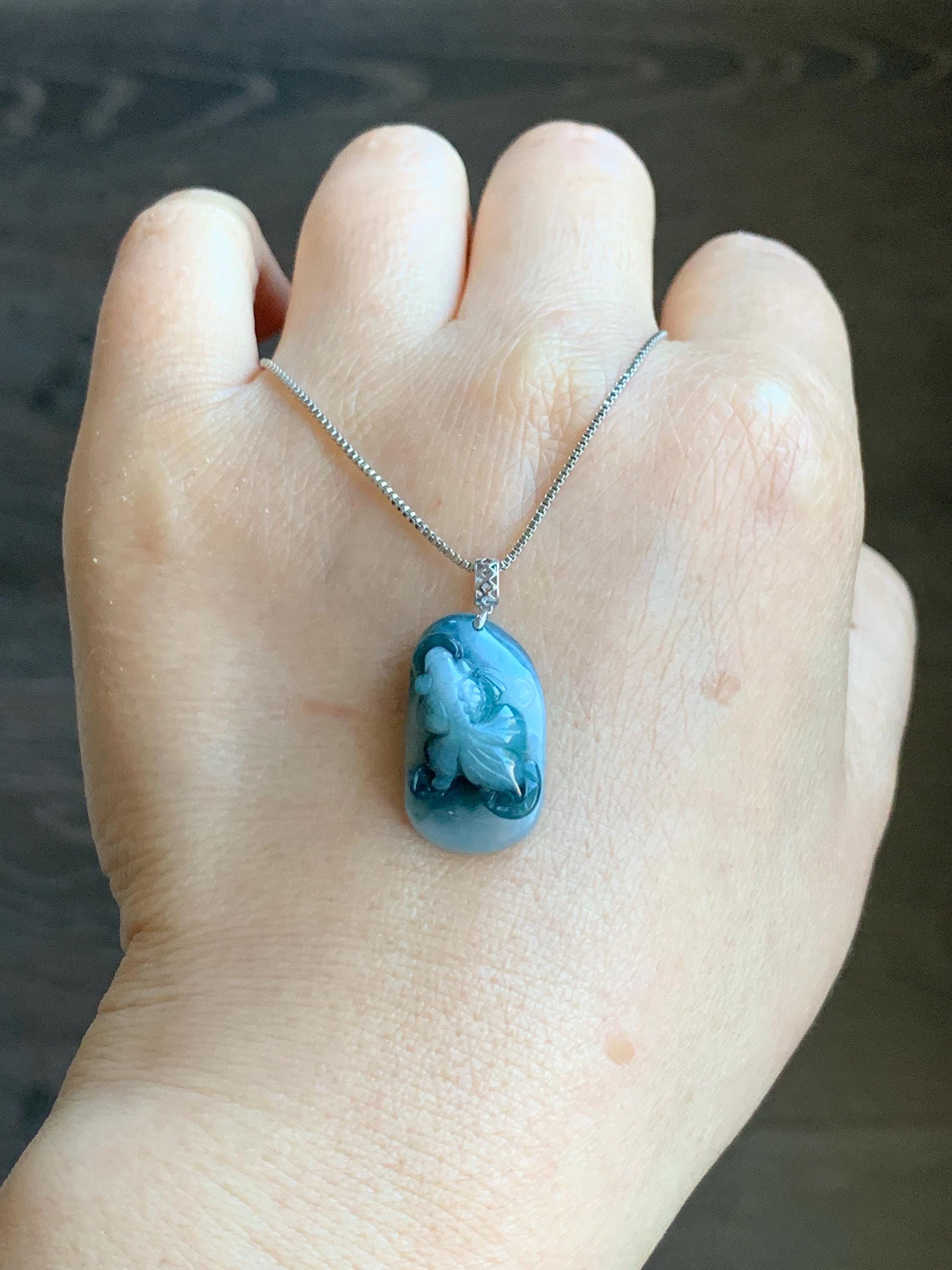 Natural Grade A Icy Translucent Dark Teal Green Marbled Jadeite Carved Goldfish Pendant Solid 18K White Gold 4g 天然冰飘蓝花翡翠金鱼满堂镶嵌吊坠