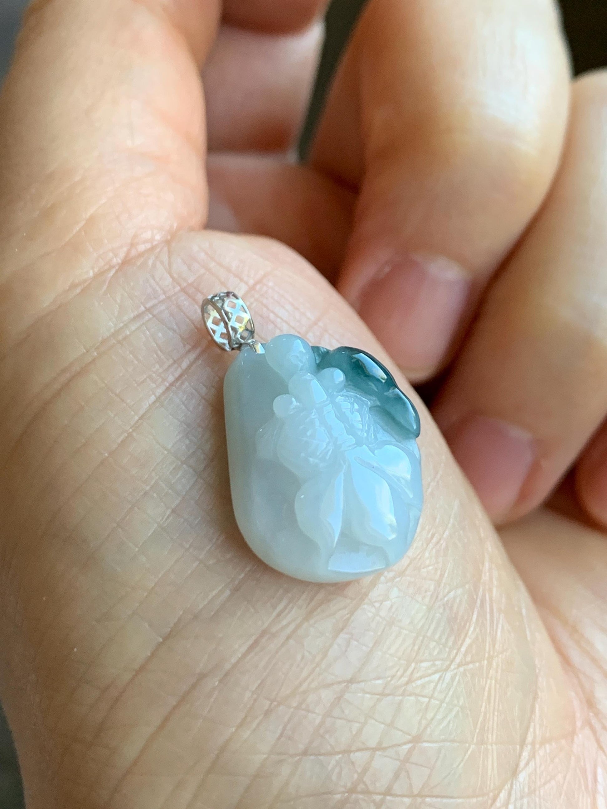 Natural Grade A Icy Translucent White & Dark Teal Blue Marbled Jadeite Carved Goldfish Lily Pad Pendant 18K White Gold 3g 天然冰飘蓝花翡翠金鱼满堂镶嵌吊坠