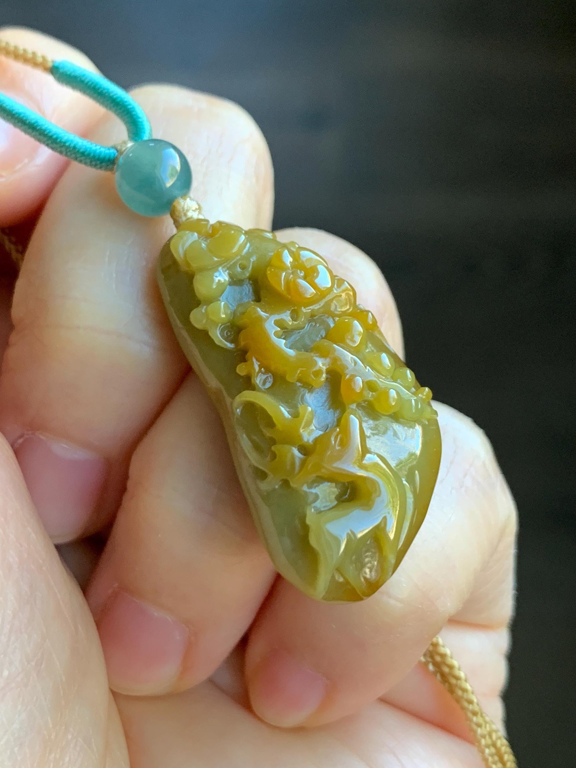 Natural Grade A Icy Translucent Rich Yellow Jadeite Deer Cherry Blossom Pendant Rope Necklace Adjustable 25” 12g 天然冰危油黄翡翠梅花鹿吊坠挂件