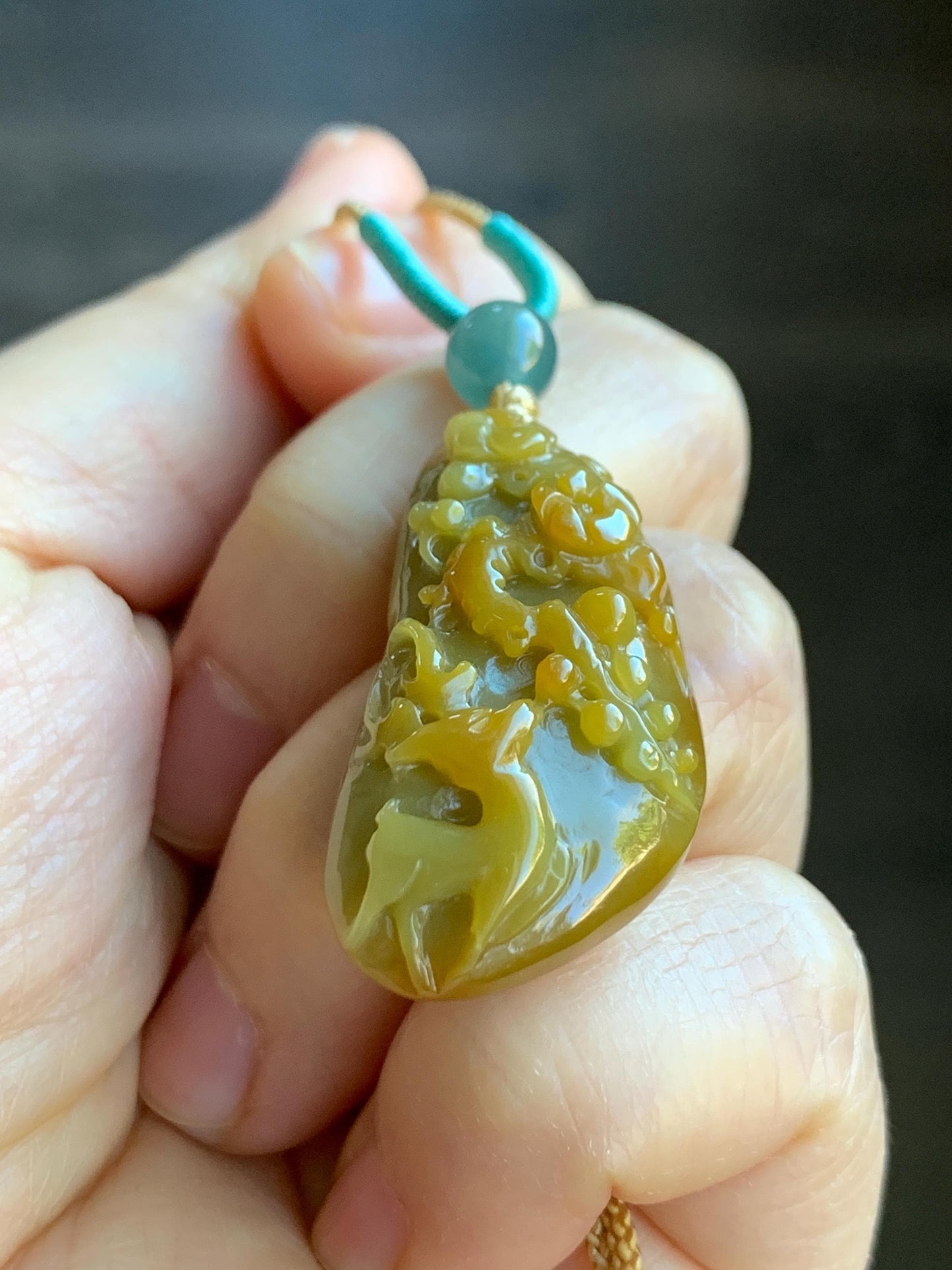 Natural Grade A Icy Translucent Rich Yellow Jadeite Deer Cherry Blossom Pendant Rope Necklace Adjustable 25” 12g 天然冰危油黄翡翠梅花鹿吊坠挂件