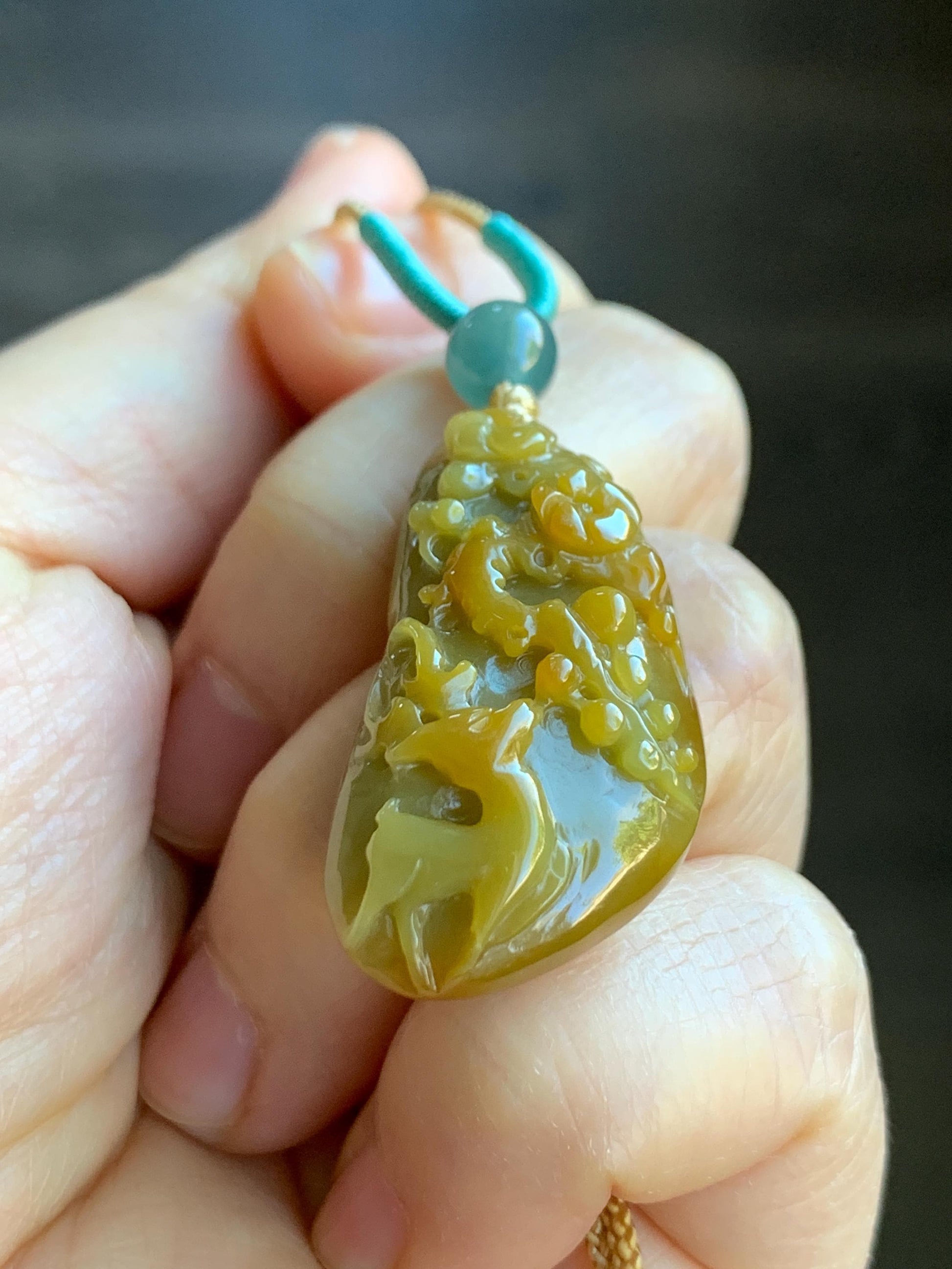 Natural Grade A Icy Translucent Rich Yellow Jadeite Deer Cherry Blossom Pendant Rope Necklace Adjustable 25” 12g 天然冰危油黄翡翠梅花鹿吊坠挂件