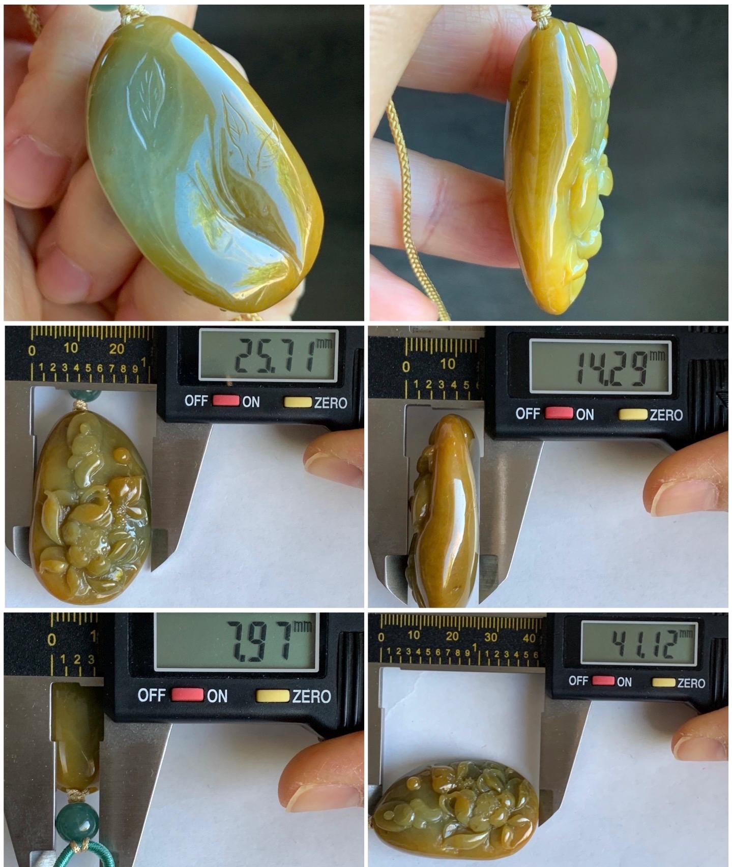 Natural Grade A Icy Translucent Intense Yellow Marbled Jadeite Lotus Flower & Chanting Monk Pendant Rope Necklace 25” 27g 天然冰危油黄翡翠梅花鹿吊坠挂件