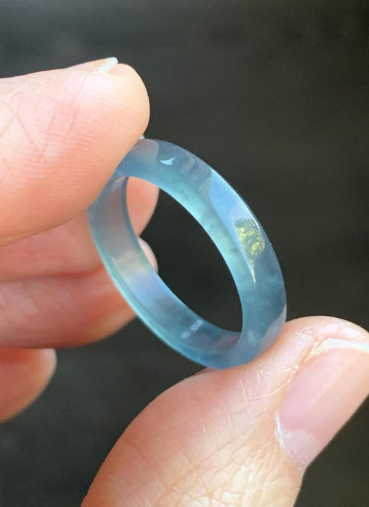 Natural Grade A Icy Highly Translucent Teal Blue Jadeite Square Edged Band Ring Size 8 US 天然冰危蓝起光翡翠角戒戒圈 LJJ70-1