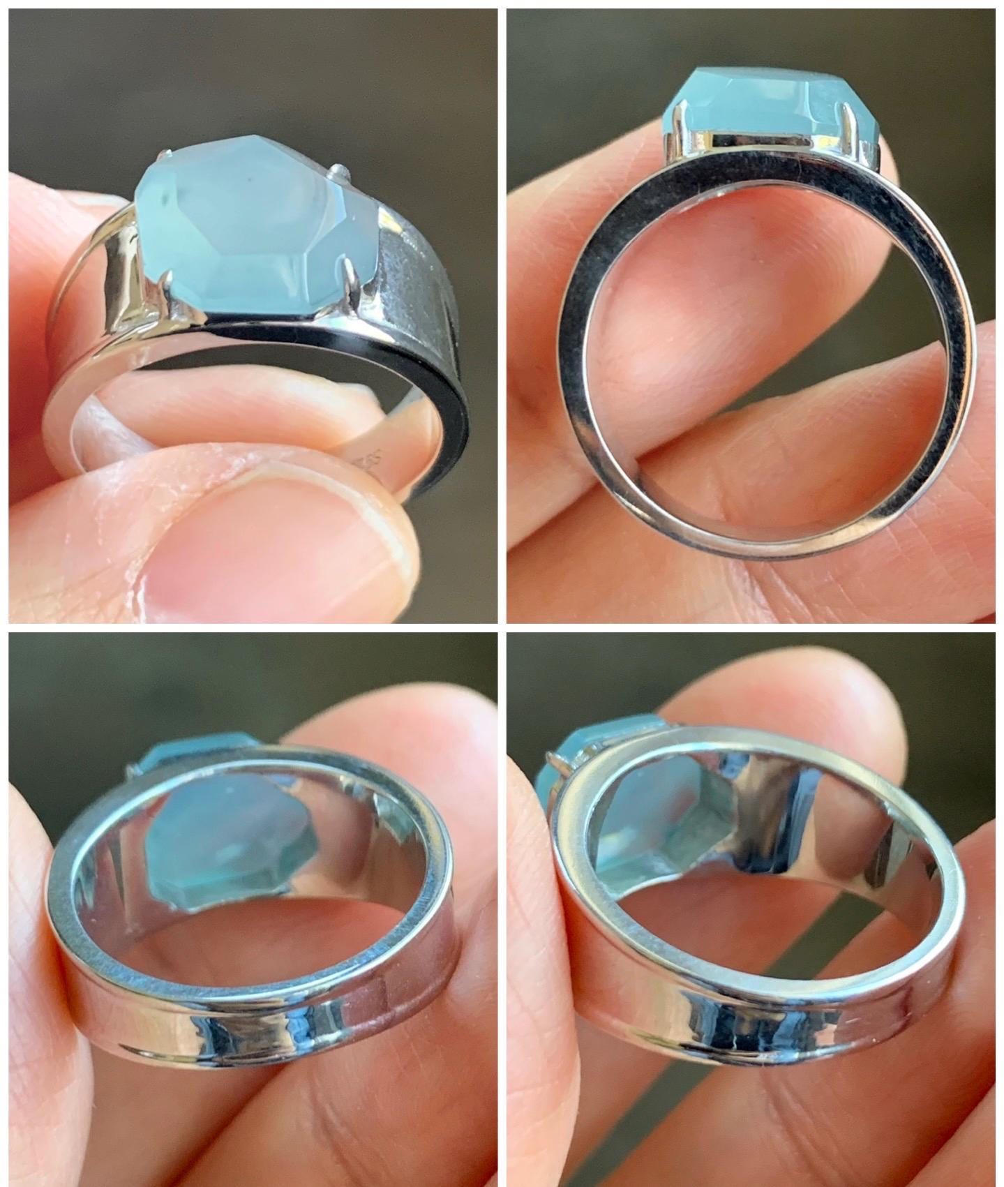 Certified Natural Garde A Icy Highly Translucent Light Blue Faceted Jadeite Cabochon Ring Sterling Silver Size 6.75 US 天然冰危淡蓝切割面翡翠银镶戒指 7381