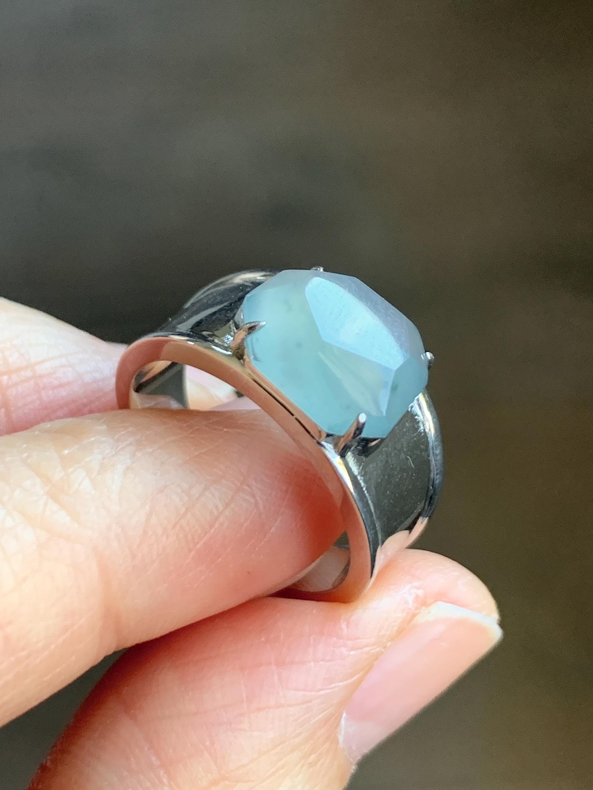 Certified Natural Garde A Icy Highly Translucent Light Blue Faceted Jadeite Cabochon Ring Sterling Silver Size 6.75 US 天然冰危淡蓝切割面翡翠银镶戒指 7381