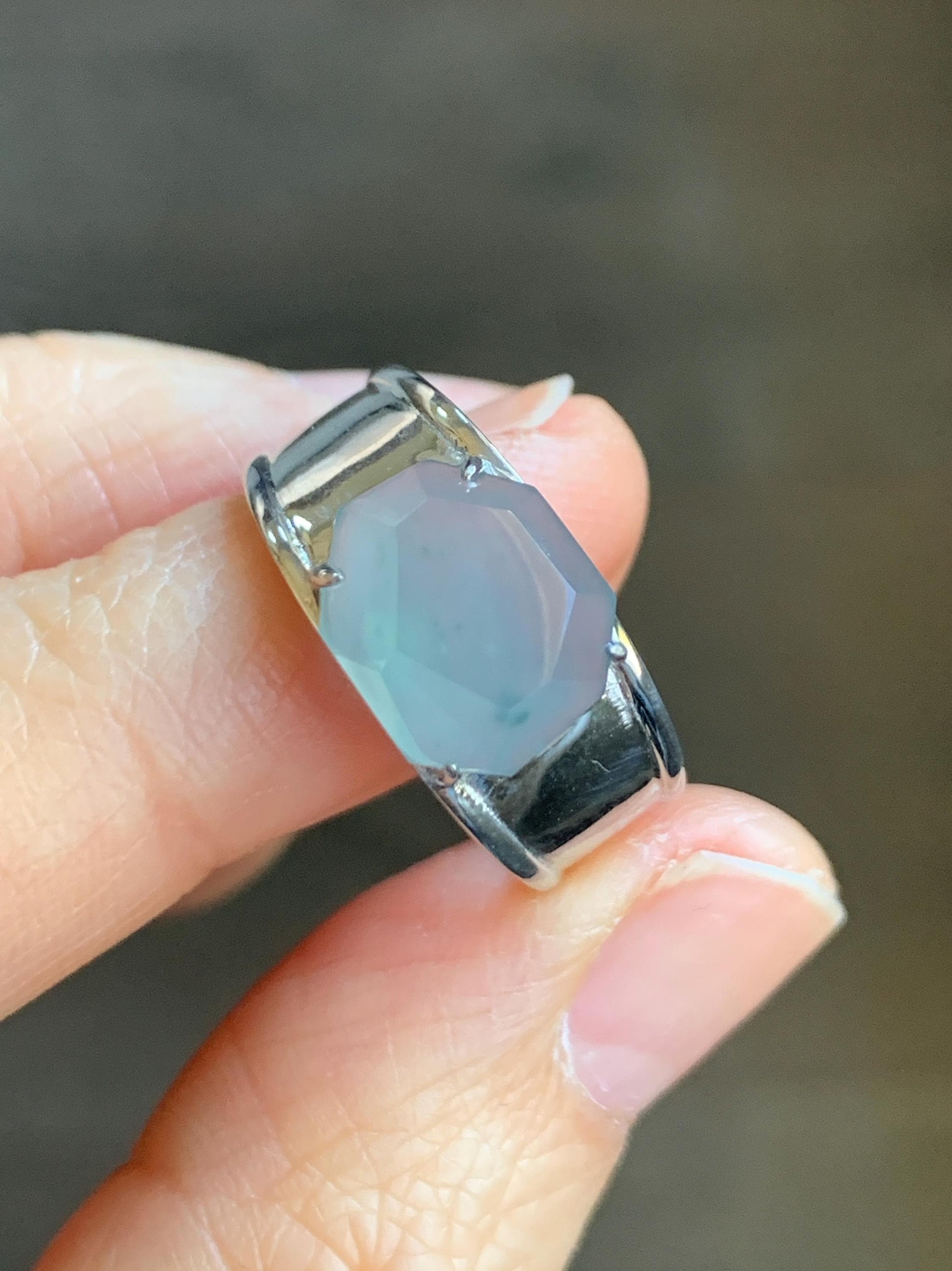 Certified Natural Garde A Icy Highly Translucent Light Blue Faceted Jadeite Cabochon Ring Sterling Silver Size 6.75 US 天然冰危淡蓝切割面翡翠银镶戒指 7381