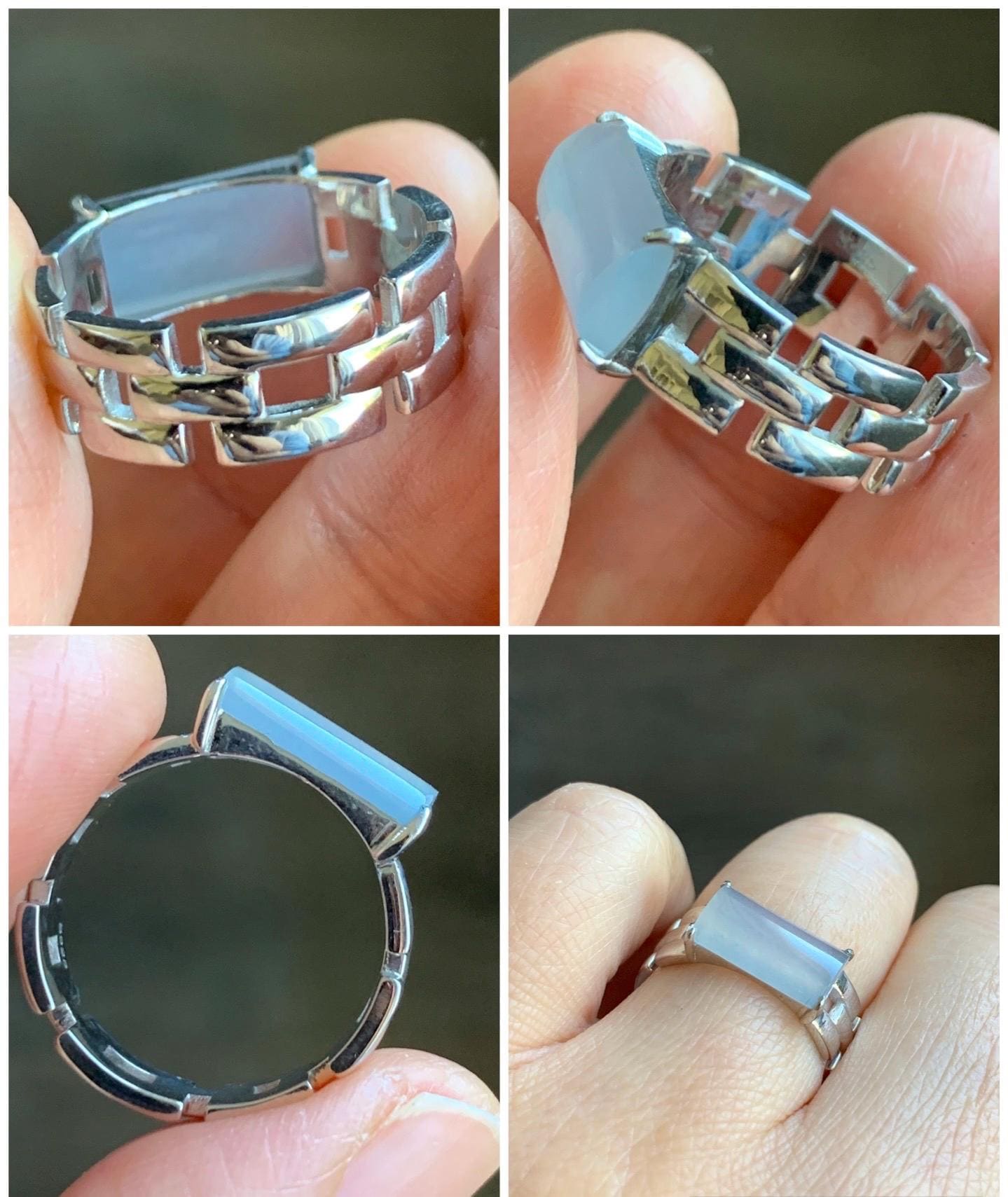 Certified Natural Grade A Icy Premium White Jadeite Saddle Cabochon Buckle Link Band Ring Size 7.25 US 4.37g 天然A货冰淡紫底起光翡翠马鞍手表链戒指 7387