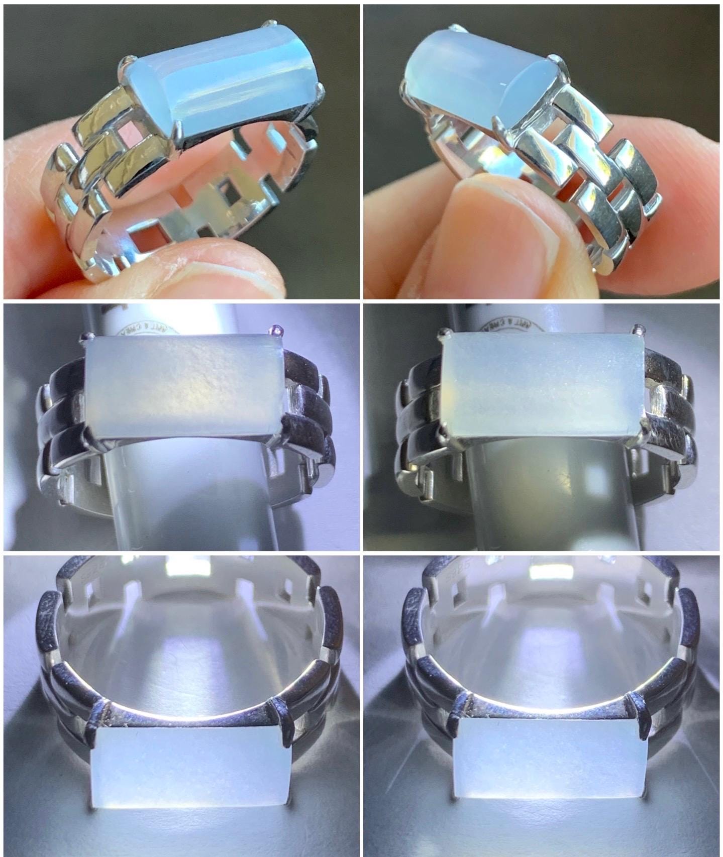 Certified Natural Grade A Icy Premium White Jadeite Saddle Cabochon Buckle Link Band Ring Size 7.25 US 4.37g 天然A货冰淡紫底起光翡翠马鞍手表链戒指 7387