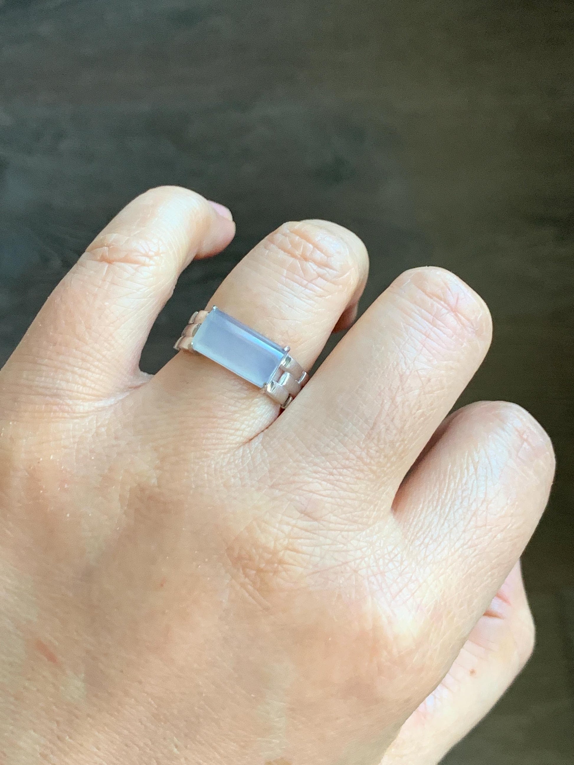 Certified Natural Grade A Icy Premium White Jadeite Saddle Cabochon Buckle Link Band Ring Size 7.25 US 4.37g 天然A货冰淡紫底起光翡翠马鞍手表链戒指 7387