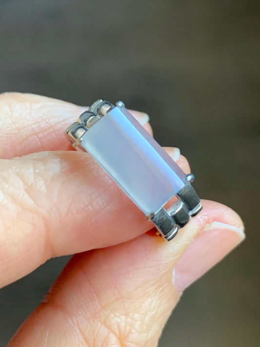 Certified Natural Grade A Icy Premium White Jadeite Saddle Cabochon Buckle Link Band Ring Size 7.25 US 4.37g 天然A货冰淡紫底起光翡翠马鞍手表链戒指 7387