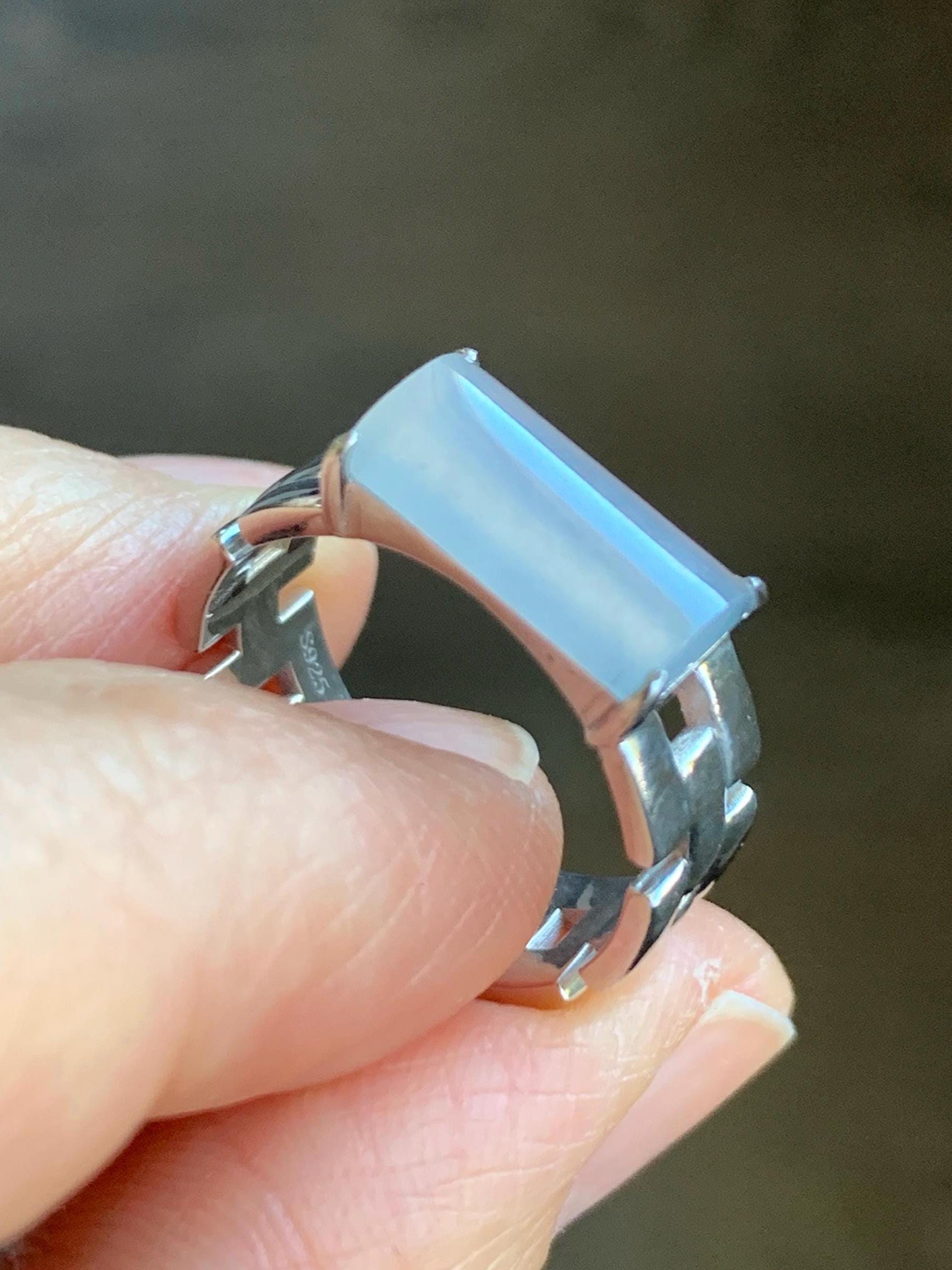 Certified Natural Grade A Icy Premium White Jadeite Saddle Cabochon Buckle Link Band Ring Size 7.25 US 4.37g 天然A货冰淡紫底起光翡翠马鞍手表链戒指 7387