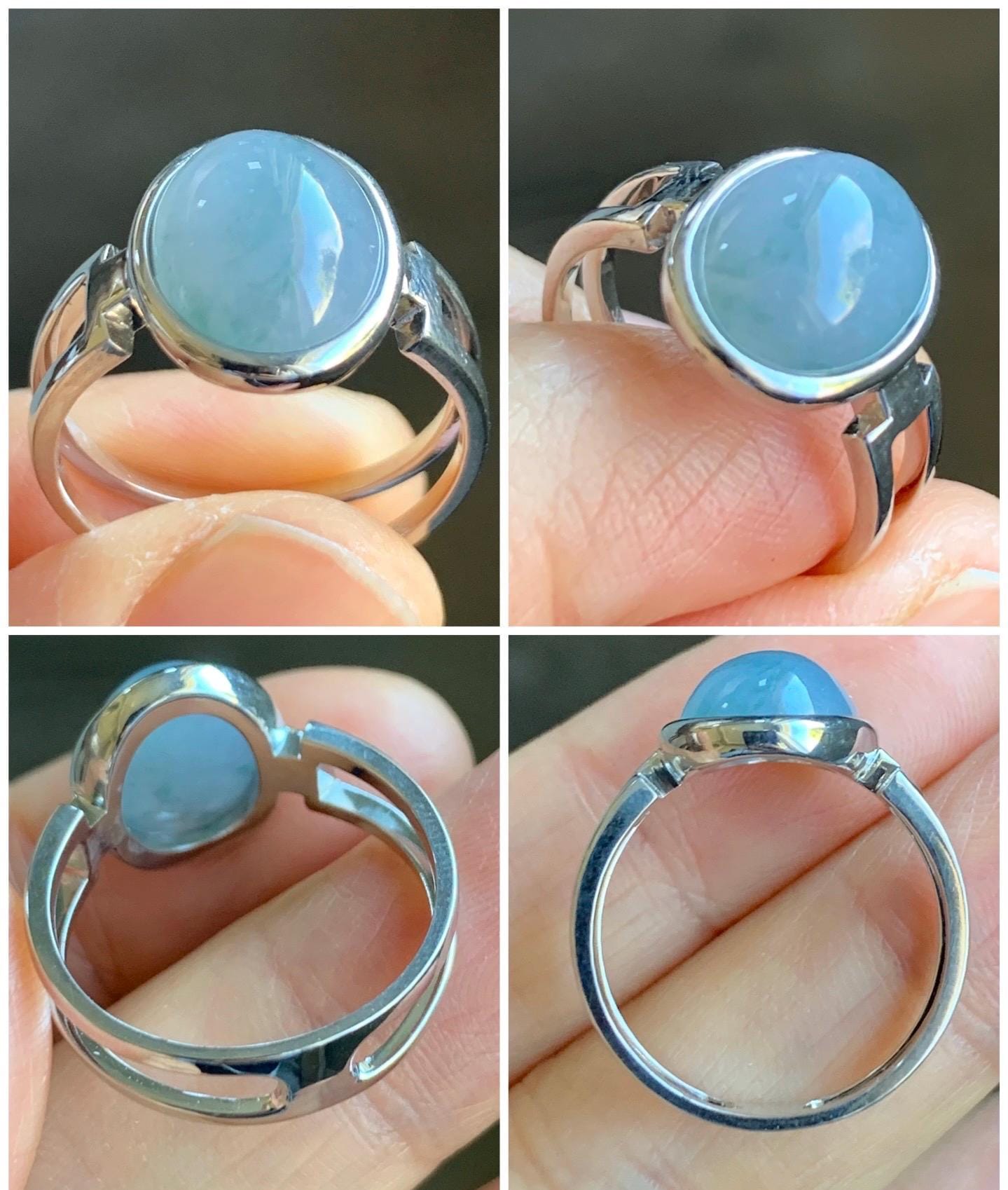 Certified Natural Grade A Icy Translucent Dusty Purplish Blue Jadeite Oval Ring Sterling Silver size 7.25 US 3.89g 天然冰胶危蓝紫飘花翡翠镶嵌戒指 7385