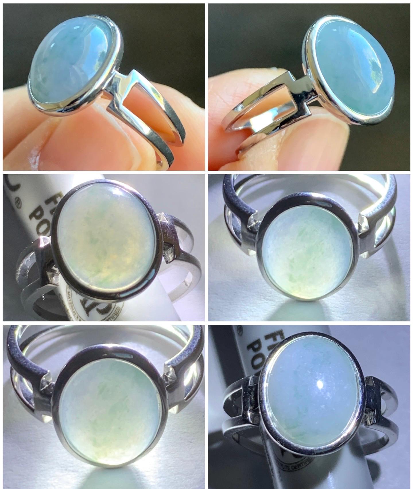 Certified Natural Grade A Icy Translucent Dusty Purplish Blue Jadeite Oval Ring Sterling Silver size 7.25 US 3.89g 天然冰胶危蓝紫飘花翡翠镶嵌戒指 7385