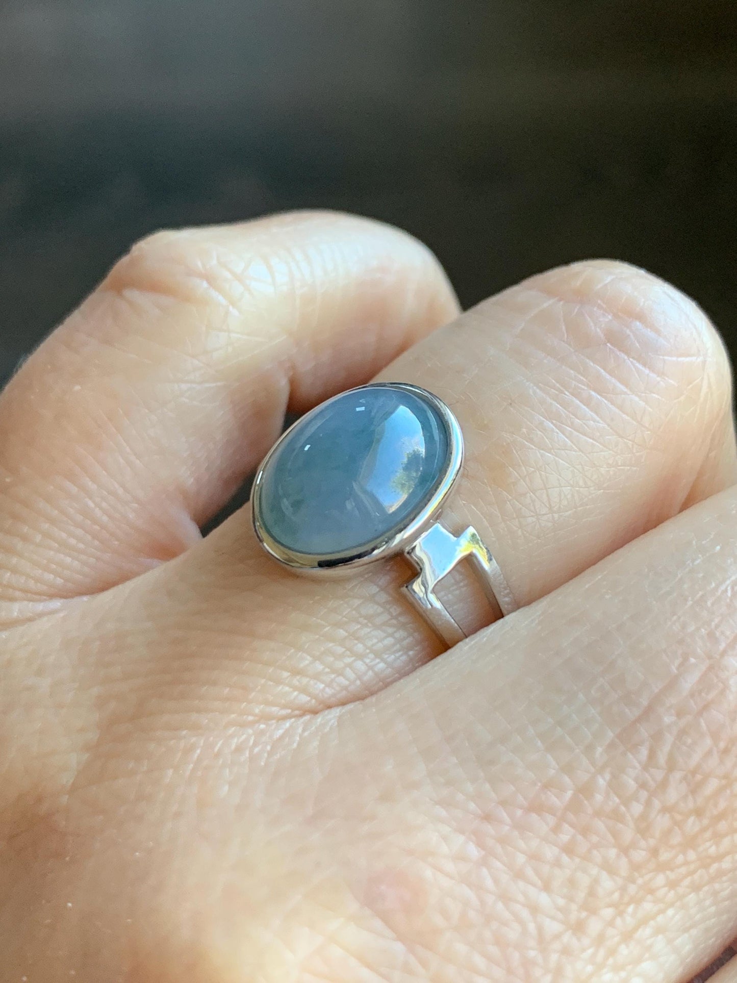 Certified Natural Grade A Icy Translucent Dusty Purplish Blue Jadeite Oval Ring Sterling Silver size 7.25 US 3.89g 天然冰胶危蓝紫飘花翡翠镶嵌戒指 7385