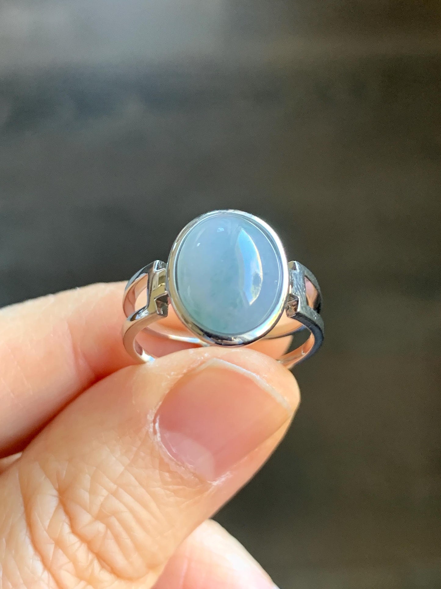 Certified Natural Grade A Icy Translucent Dusty Purplish Blue Jadeite Oval Ring Sterling Silver size 7.25 US 3.89g 天然冰胶危蓝紫飘花翡翠镶嵌戒指 7385