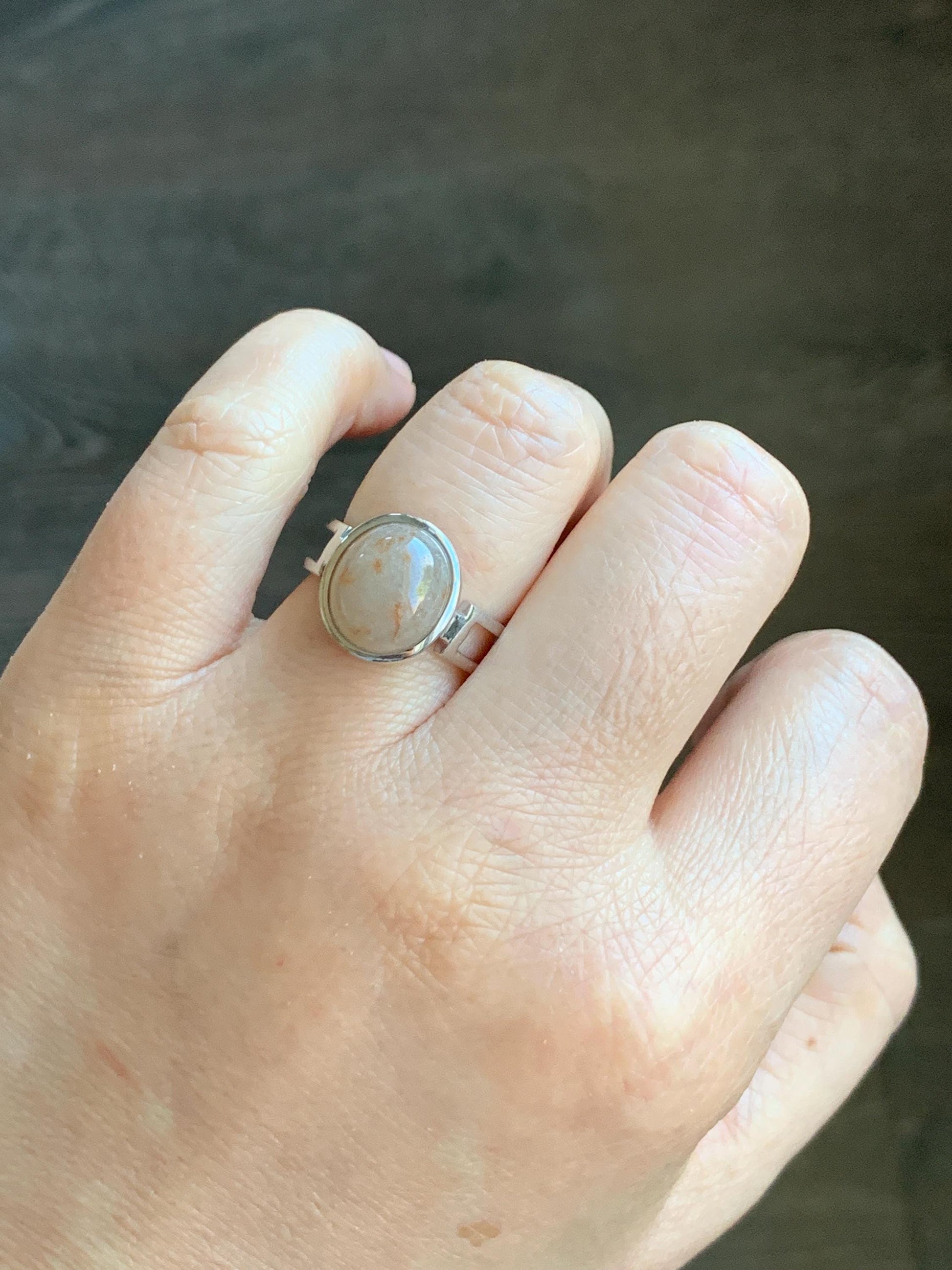 Certified Natural Grade A Icy Translucent Peachy & Orange Marbled Jadeite Oval Ring Sterling Silver size 7.25 US 4.5g 天然冰胶撒金翡翠镶嵌戒指 7388