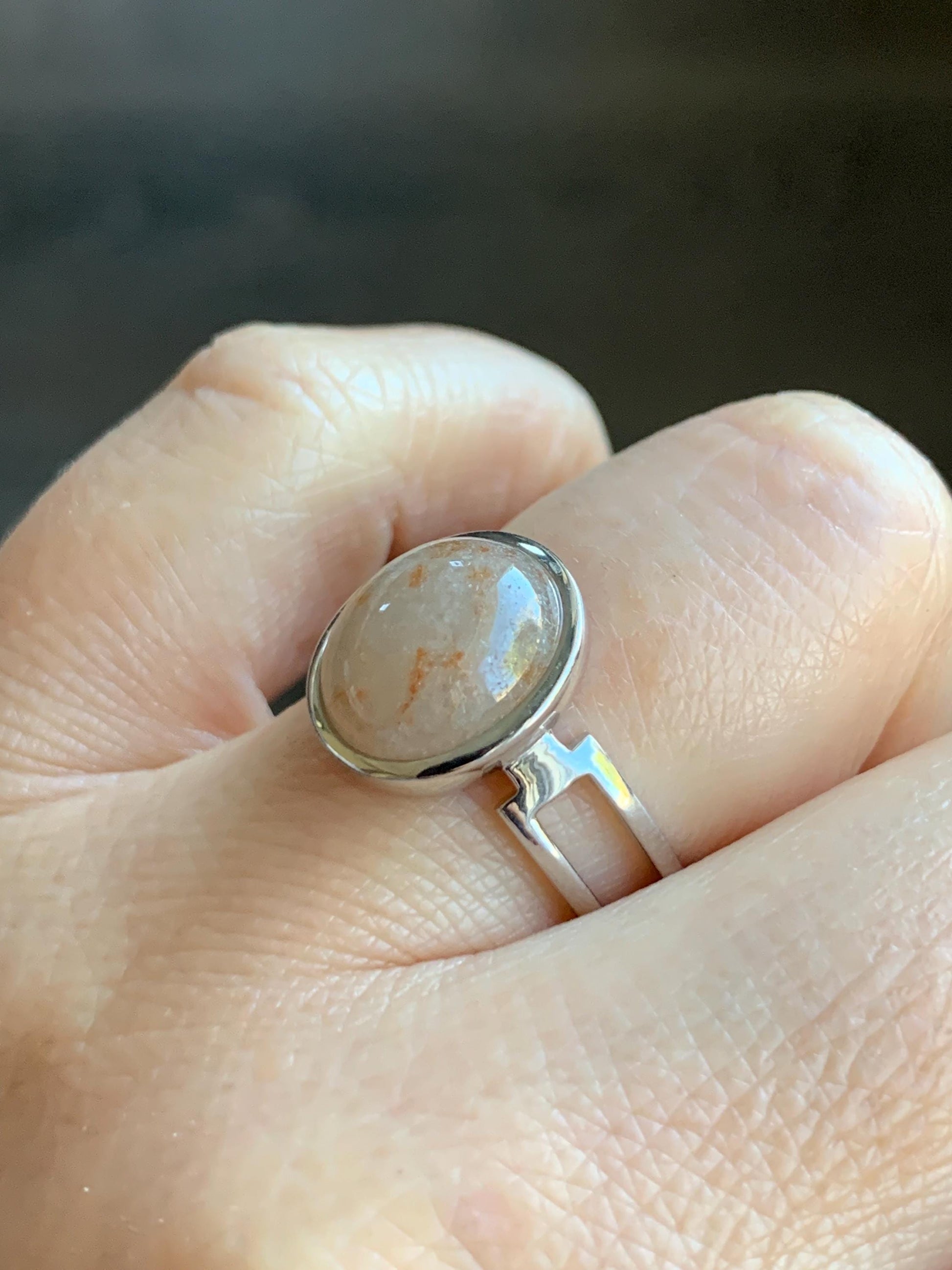 Certified Natural Grade A Icy Translucent Peachy & Orange Marbled Jadeite Oval Ring Sterling Silver size 7.25 US 4.5g 天然冰胶撒金翡翠镶嵌戒指 7388